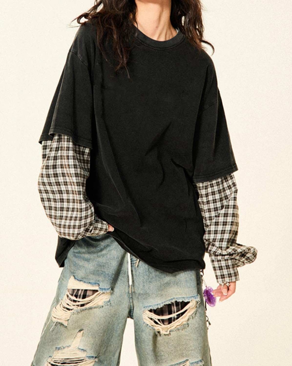 レディース 原宿 オーバーサイズ Tシャツ Y2k チェック柄 長袖 クルーネック スウェットシャツ カジュアル パッチワーク プル