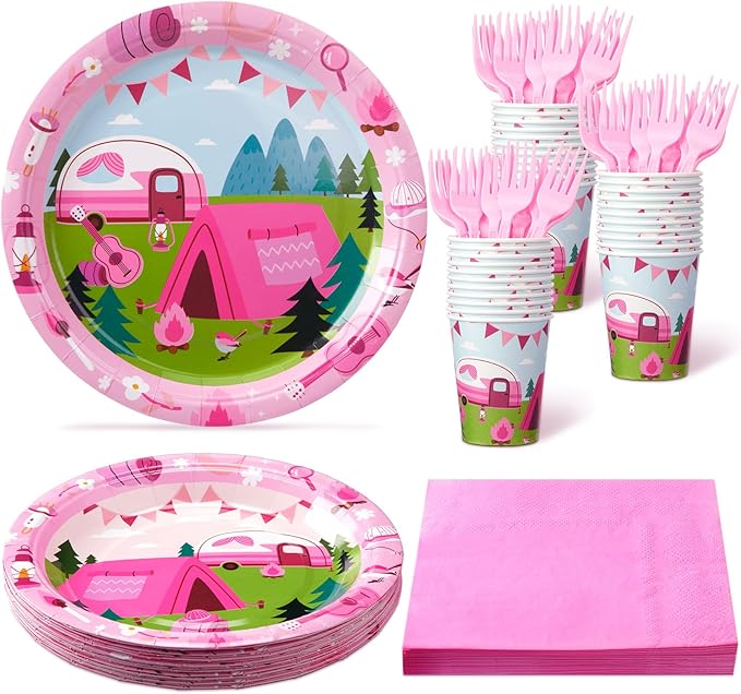 Zubebe 120 Pcs Pink Camping Party Supplies for 24 Guests