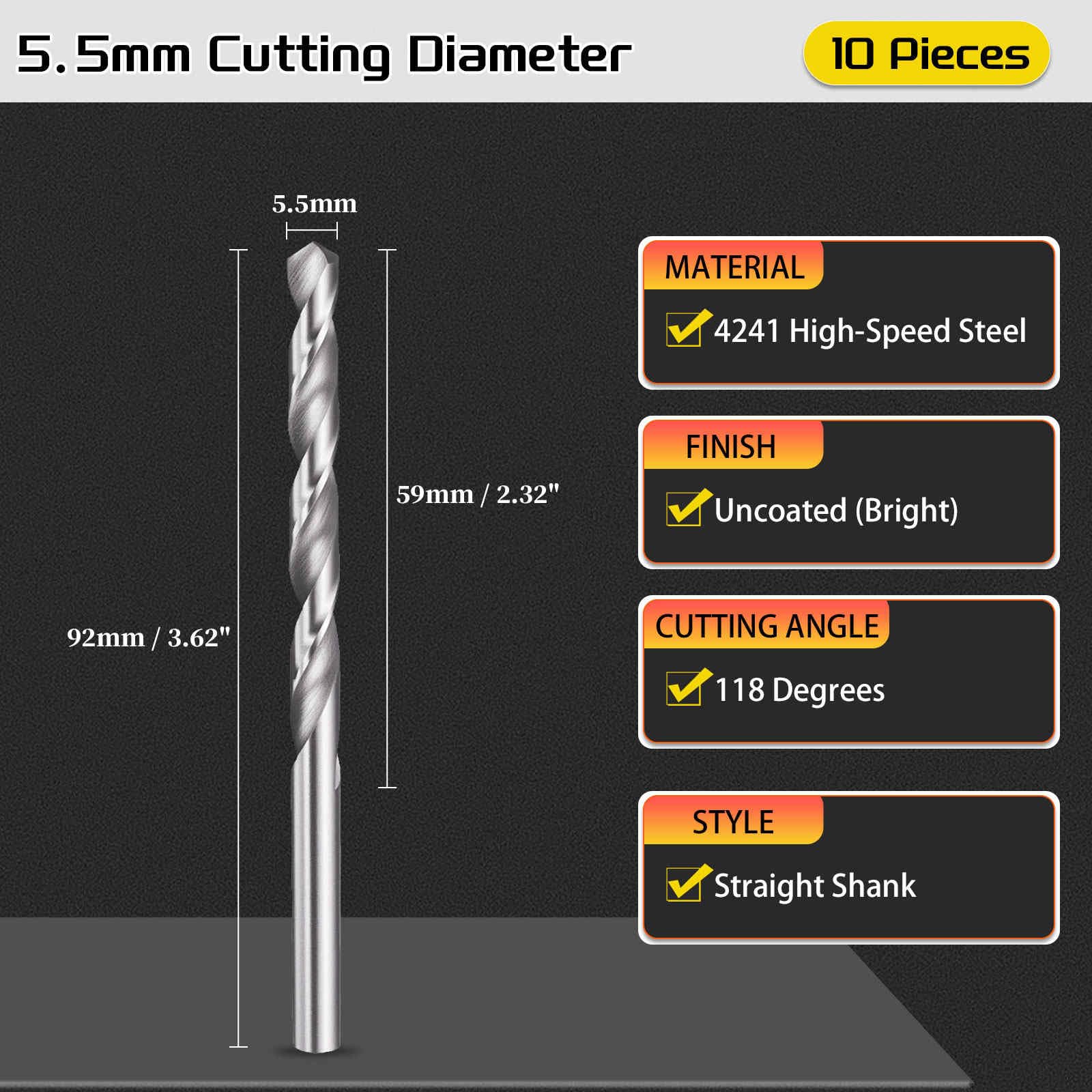 CoCud Drill Bit, 5.5mm Cutting Diameter, 4241 HSS 118° Cutting Angle Uncoated Bright Versatile Jobber Bits - Image 2