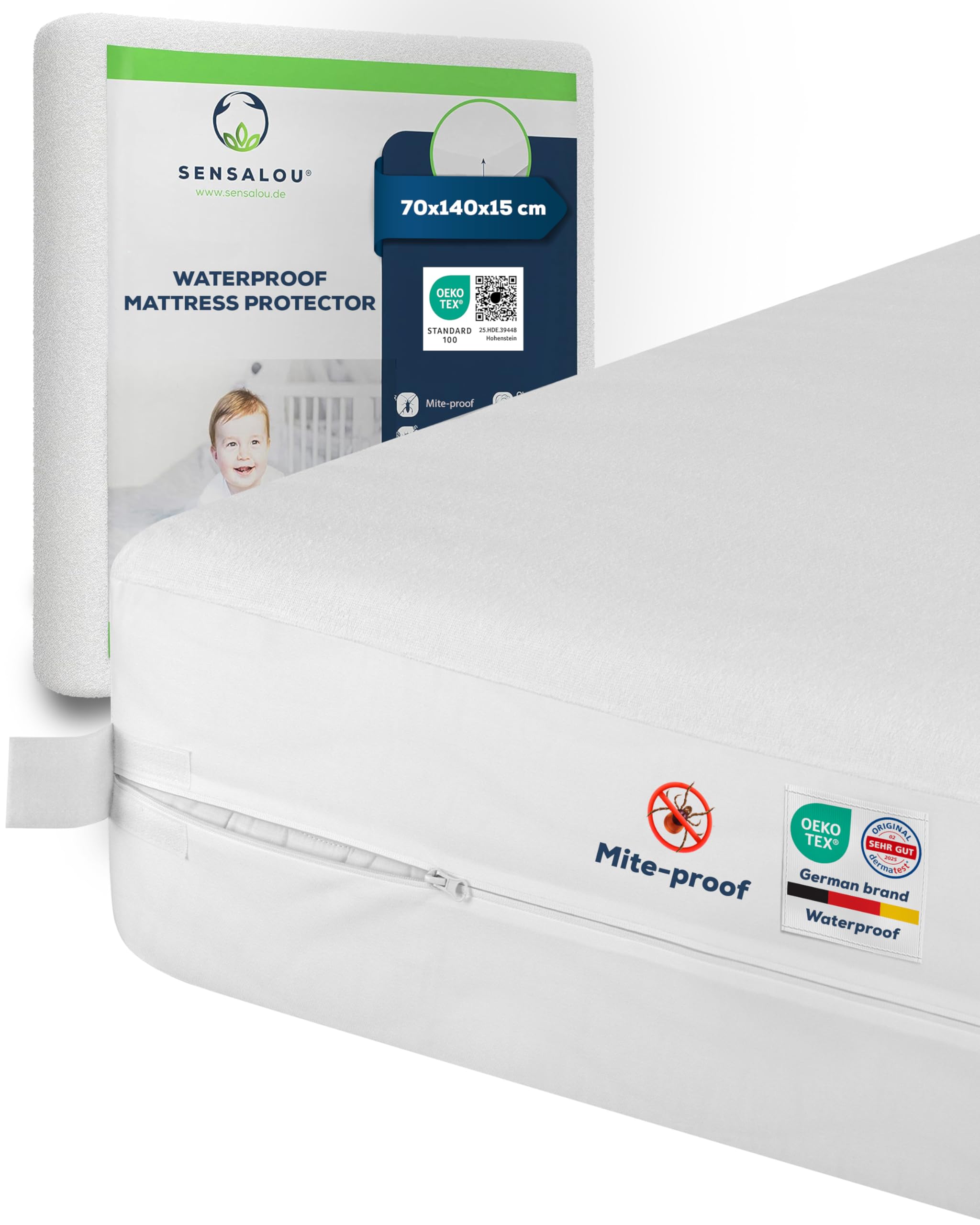 Sensalou White Mattress Cover Zippered Encasing For Allergy Sufferers - 70 X 140 Cm