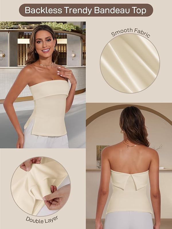 Strapless Tube Tops for Women Backless Going Out Bandeau Top Sexy Trendy Off Shoulder Side Split Summer Bustier Tops Apricot by LAOTEPO - Used condition - Image 3