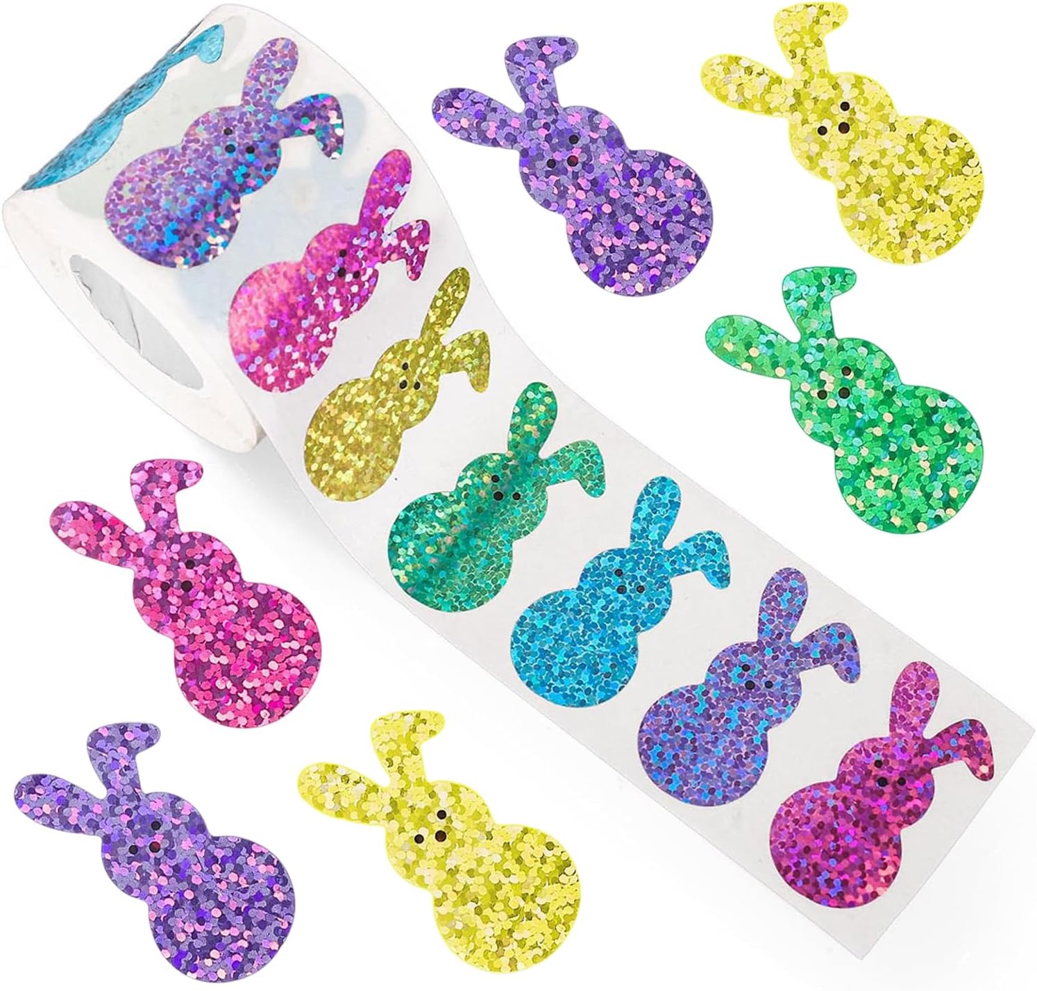 500 Sheets Easter Rabbit Stickers Holographic Laser Blue Purple Pink Green Yellow Cartoon Bunny Stickers for Eggs Roll Self Adhesive Cute Easter Office Supplies Decorative Label Stickers