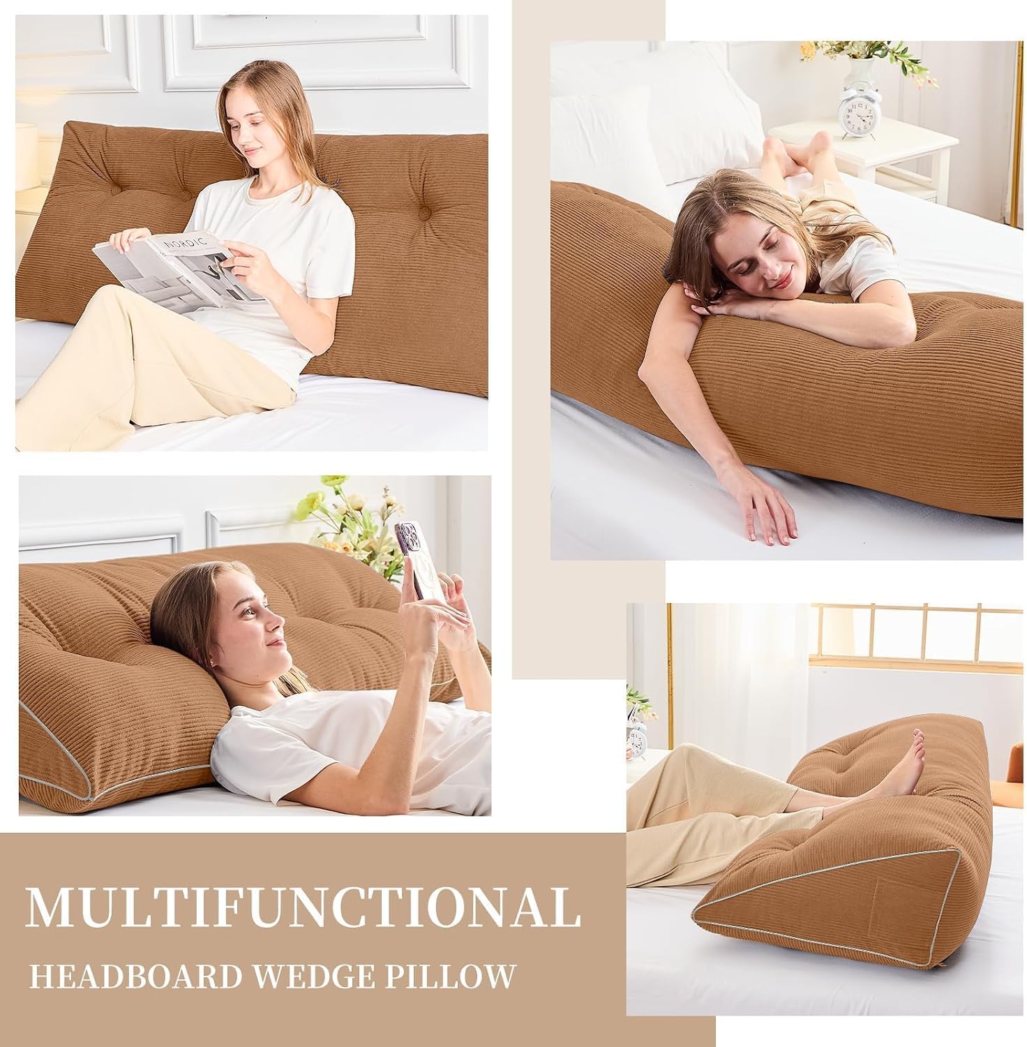 Sasttie Headboard Pillow Queen, Wedge Pillow Headboard, Caramel image 2