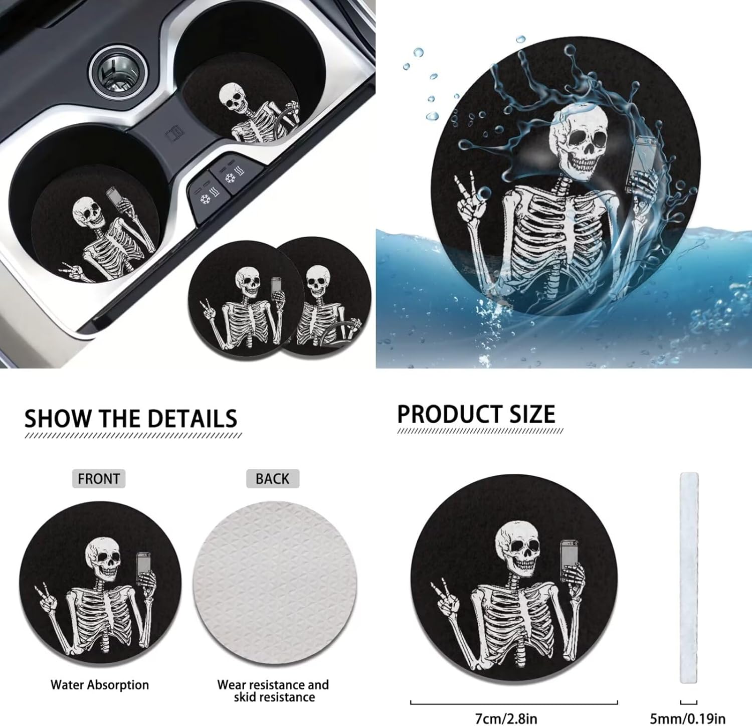 Funny Skull Car Seat Covers Full Set with Cup Coasters for Women Stretch Steering Wheel Cover Universal Vehicle Accessories Handbrake Cover Gear Shift Cover Headrest Protector
