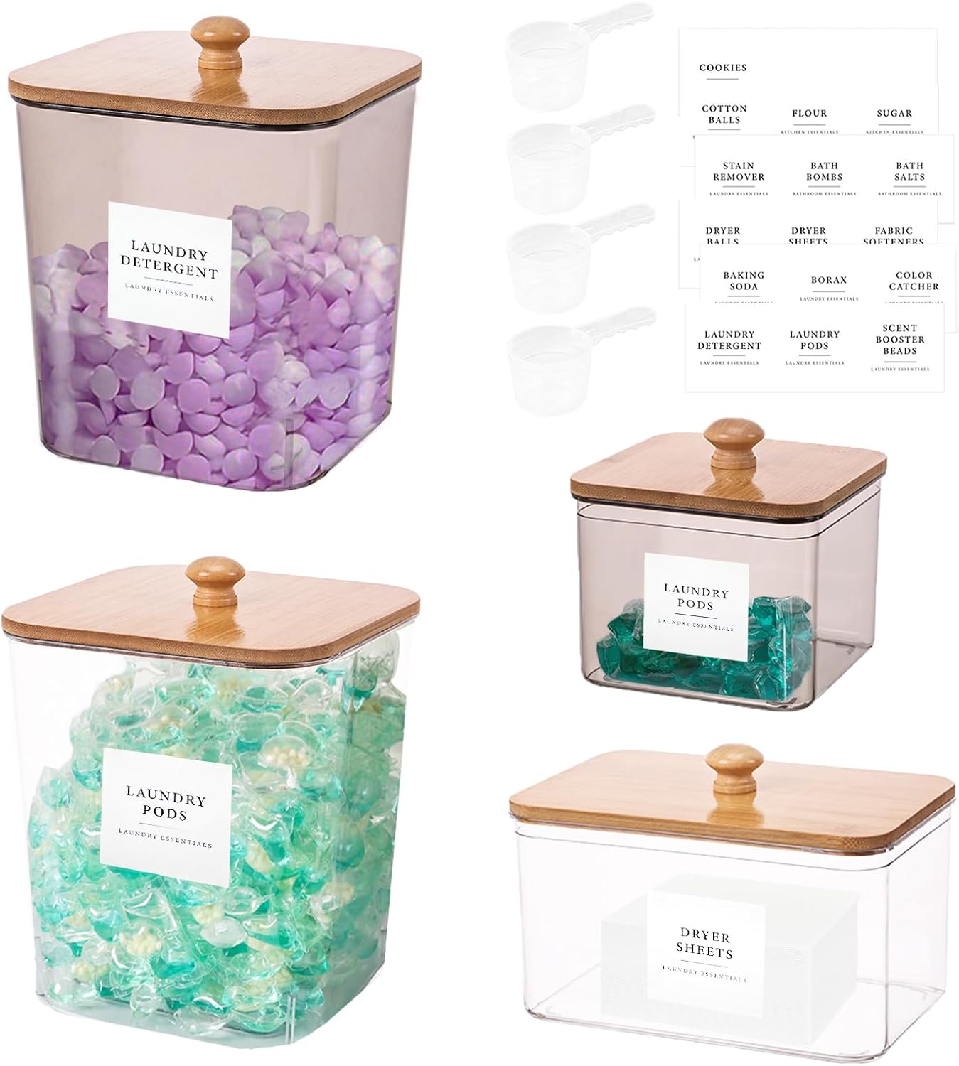 4 Pack Laundry Pods Container,Clear Dryer Sheet Holder & Laundry Room Organization and Storage with Lids, Scoops & Labels for Laundry Detergent, Powder, Dryer Balls, Beads (Mix Colors)