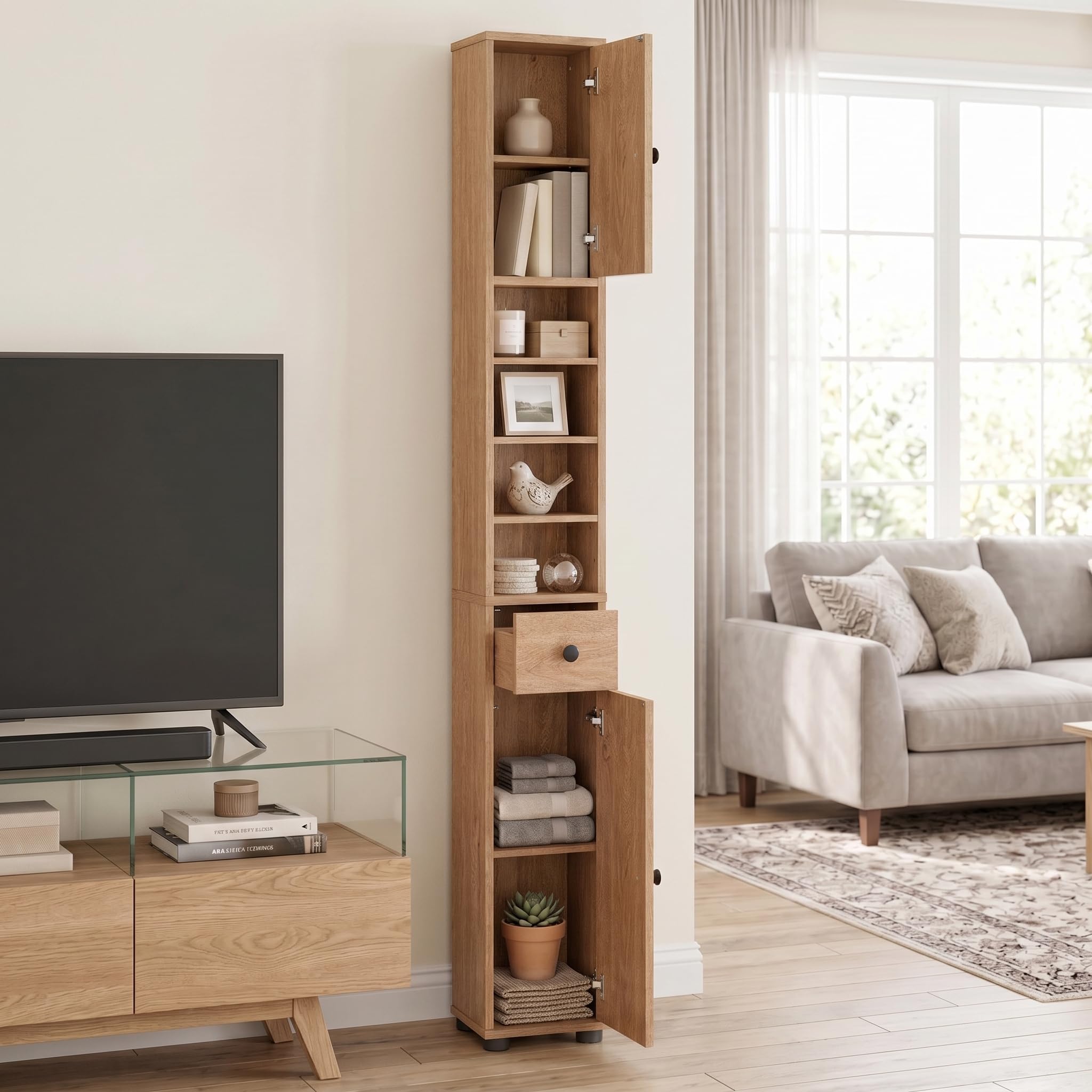LIFEZEAL Colonna Bagno Salvaspazio in Legno, Mobiletto Multiuso con 2 Ante e 1 Cassetto e 5 ripiani Regolabili, 20x20x180cm, Armadio Angolare da Terra con Dispositivo Anti-Ribaltamento (naturale)