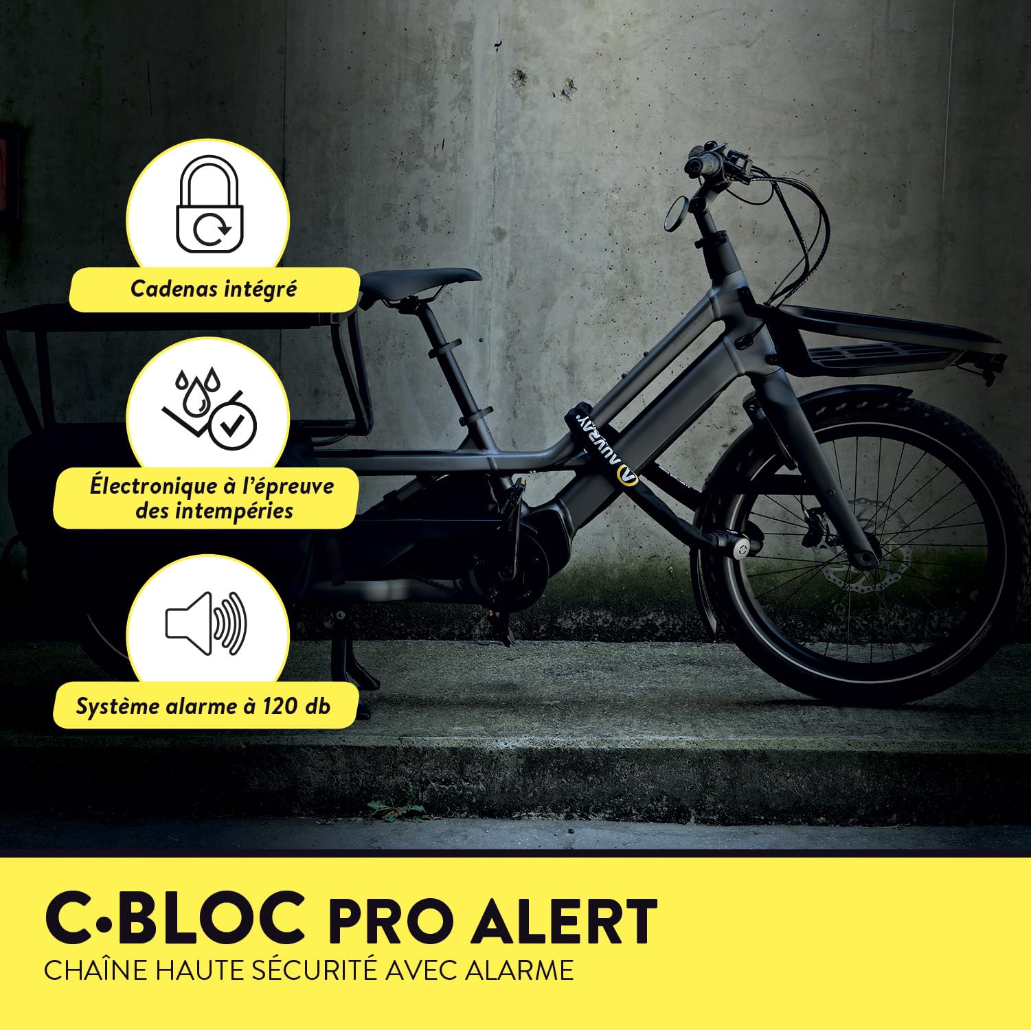 AUVRAY - Antivol vélo chaîne C·BLOC PRO ALERT - Certifié ART 4327 - Alarme 120 dB - Niveau de sécurité 8/10 - Recommandé par les Assureurs- Chaîne acier cémenté Ø10mm - Longueur 100cm - Haute sécurité