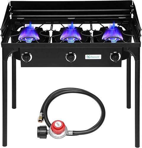Estufa de propano de 3 quemadores mejorada, estufa de campamento de 3 quemadores con parabrisas de propano de alta presión para exteriores, estufa