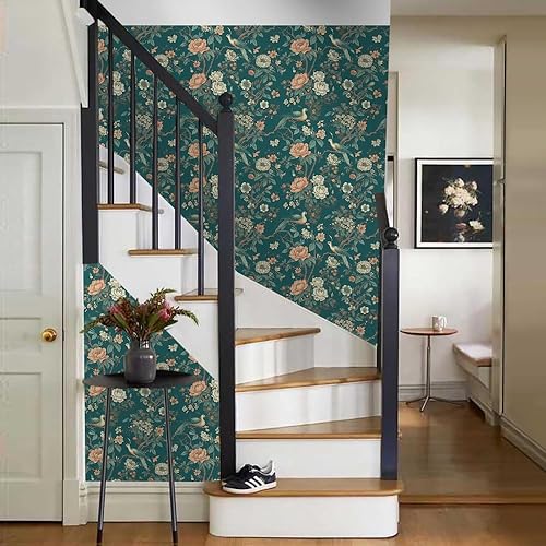 Miniatura 6 de VistaPalette Papel tapiz autoadhesivo autoadhesivo de 18 x 236 pulgadas, diseño de flores, pájaros y grúas, papel de contacto extraíble, fácil de