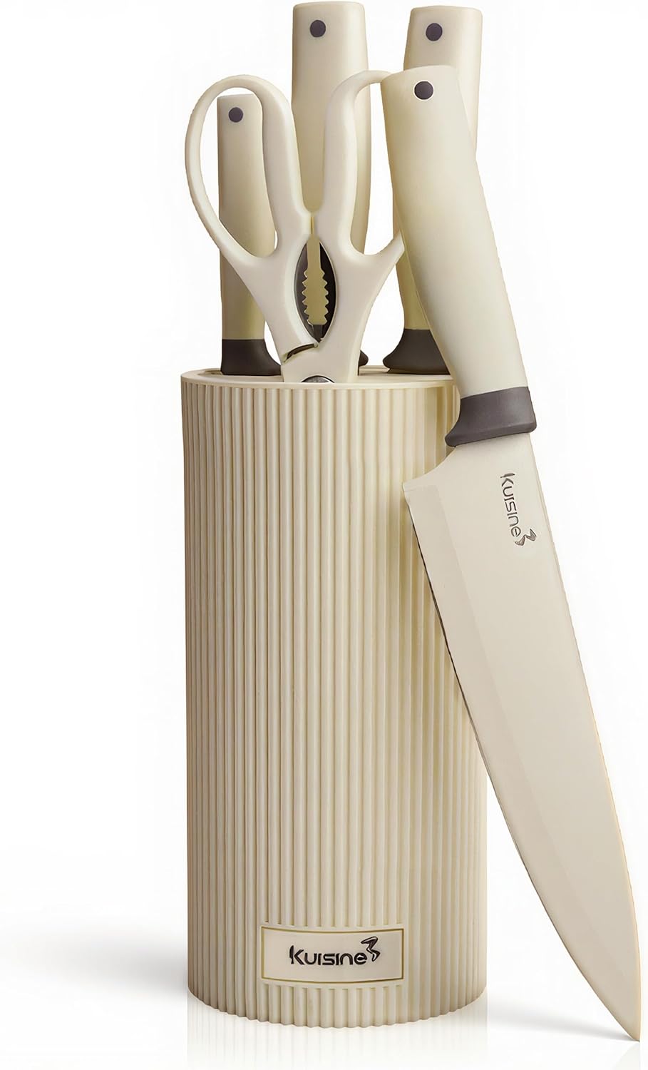 KUISINE Upgraded Sharp Chef Knife Set,High Carbon Stainless Steel Ergonomic Handle Knife Set with 3-hole Bottom Block,Easy to Drain and Clean(Ivory Silver Pro,6PCS)