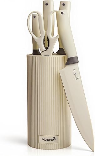 KUISINE Juego de cuchillos de chef afilados mejorados, juego de cuchillos de mango ergonómico de acero inoxidable de alto carbono con bloque Marfil