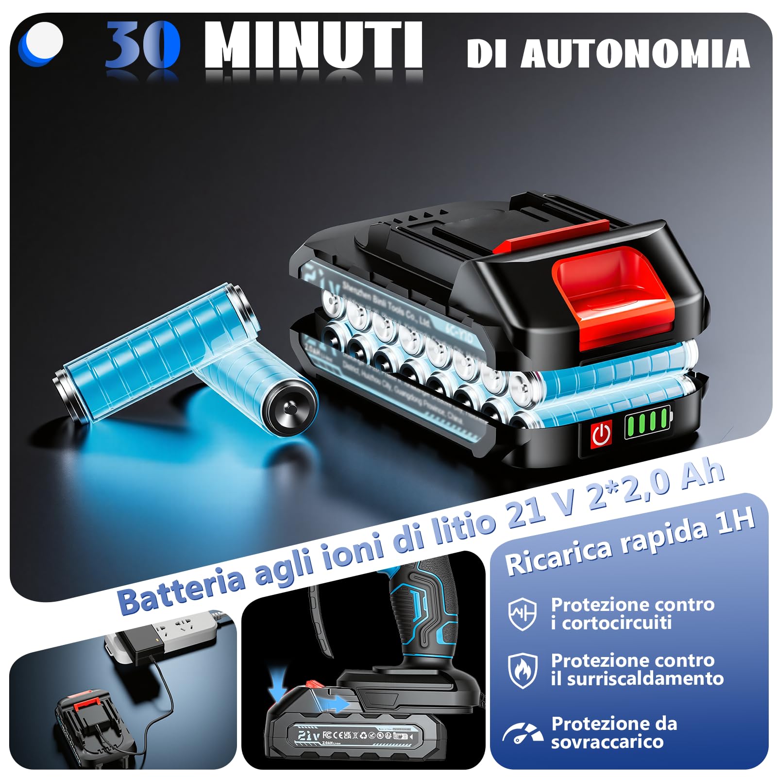 Mini motosega con batteria da 4000 mAh, 6 pollici, mini motosega elettrica con olio automatico e batteria da 2 × 2000 mAh, batteria per cesoie da giardino, potatura potatura (blu)