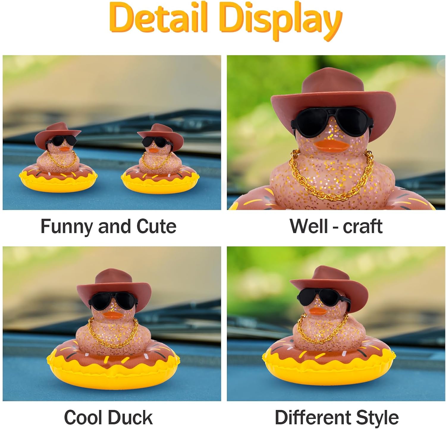 wonuu Pink Cowboy Duck and Brown Glitter Duck with Plastic Sunglasses Swim Ring Necklace Hat, Cute Car Accessories Car Decor Dashboard Decorations Car Duck Cute Pink Car Accessories
