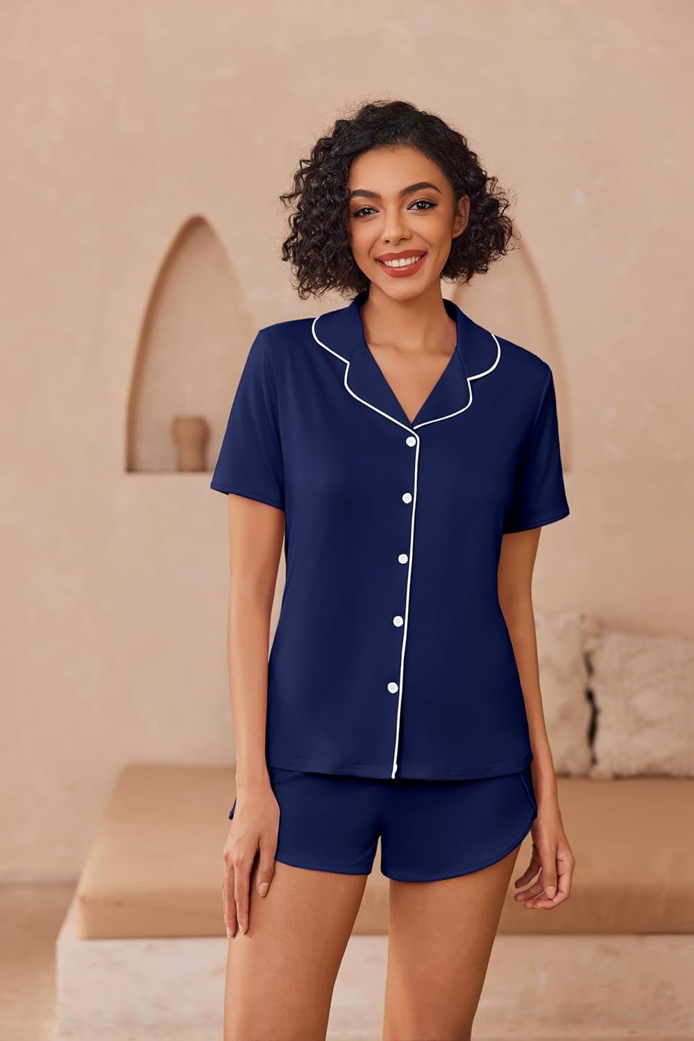 Ekouaer Pajamas for Women Set Button Up Sleepwear 2 Piece Pjs Lounge Set Short Sleeve Nightwear - Image 2