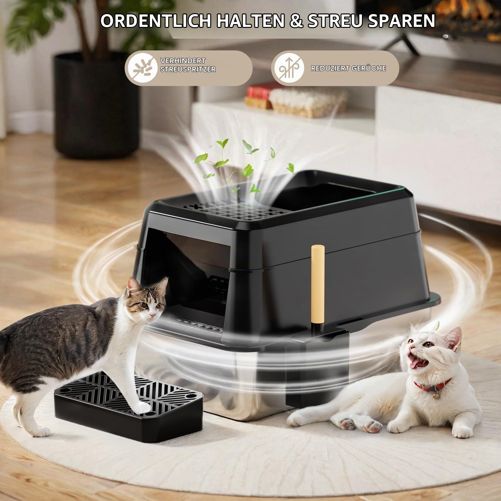 FRETONBA Katzenklo Edelstahl XXL, Katzentoilette 26L Groß Kapazität, Katzentoiletten Hochwandig, Auslaufsicher und Leicht zu Reinigen, Cat Litter Box mit Deckel, Pedal, Schaufel, Schwarz