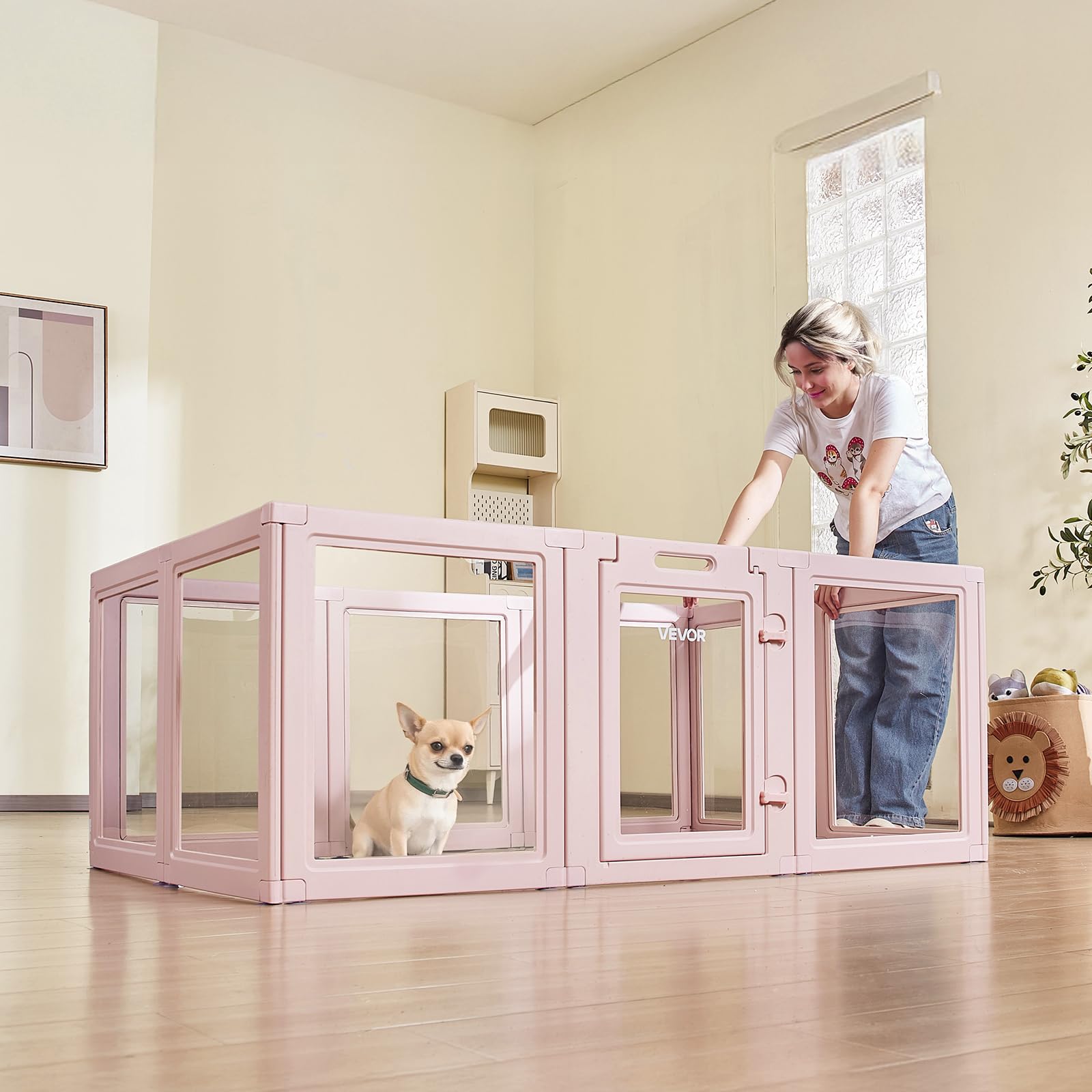 VEVOR Parc de Mise Bas pour Chien, 154 x 100 x 60 cm, Caisse de Mise Bas pour Chiots, avec Fenêtres Transparentes et Serrure, Cadre Rose Clair, Kit de Naissance Durable pour Chiens de Taille Moyenne