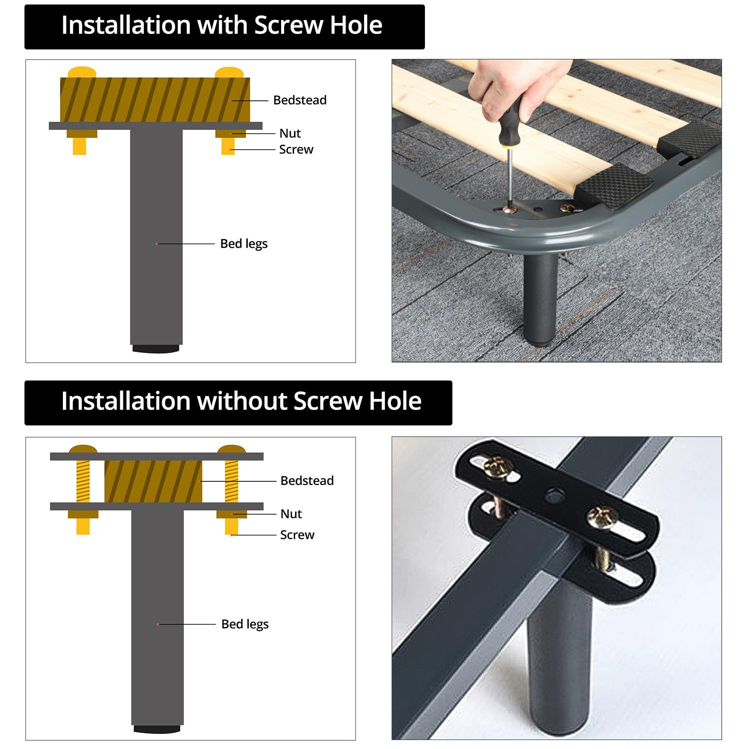 QWORK® 4 Pezzi Piedi per Rete a Doghe, Piedi Letto Robusto Regolabili 18-33 cm (Nero Opaco)