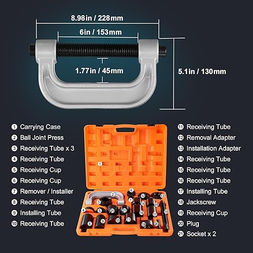 Miniatura 8 de VEVOR Kit de prensa de rótula, 23 piezas, kit de herramientas, herramientas de extracción e instalación de juntas esféricas de prensa C, para la