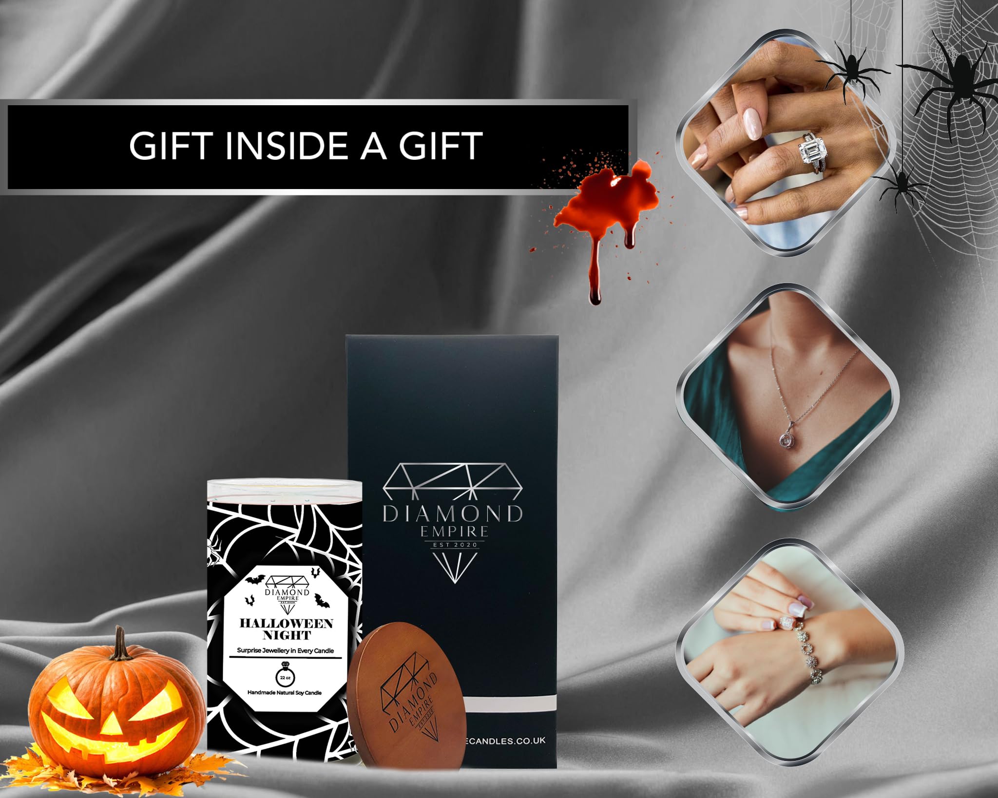 Diamante Empire notte di Halloween con gioielli a sorpresa all'interno (gioielli a sorpresa del valore fino a £2.500) 2 stoppini candela di Halloween (durata fino a 120H) (anello L/M)
