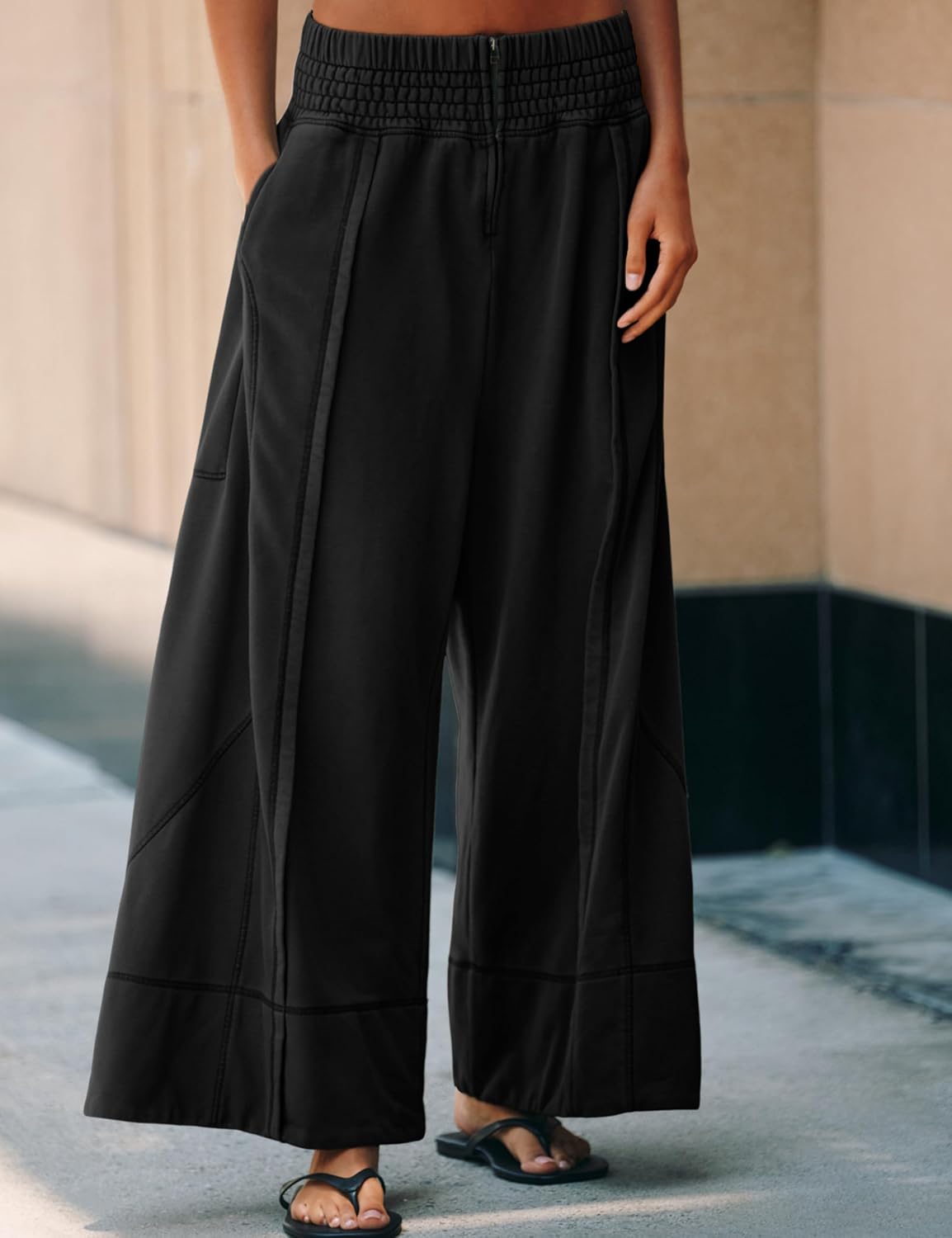 Tanming Womens Wide Leg Pants Cotton Stretchy High Waisted Palazzo Pants Daily Workout Wear Lounge Sweatpants with Pockets - Image 2