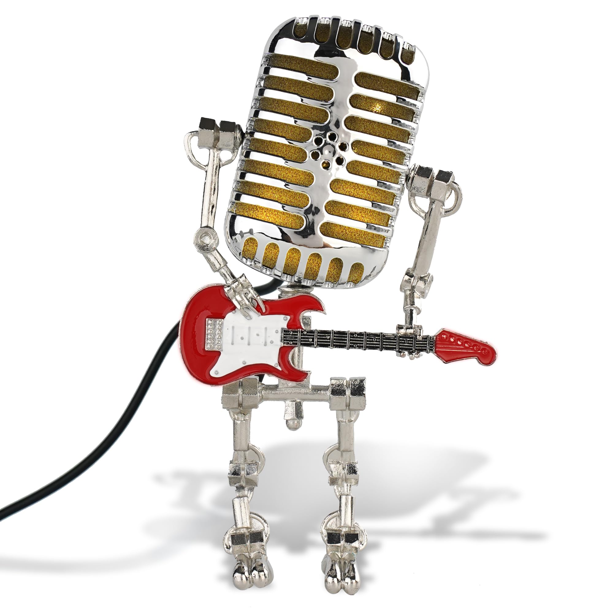 Xmpmrp Vintage Microphone Robot Lamp, Metal Microphone Robot Lamp with Mini Guitar, Vintage Light Home Decor Nightstand Desk Lamp for Bedroom, Bar, Restauran (Red)