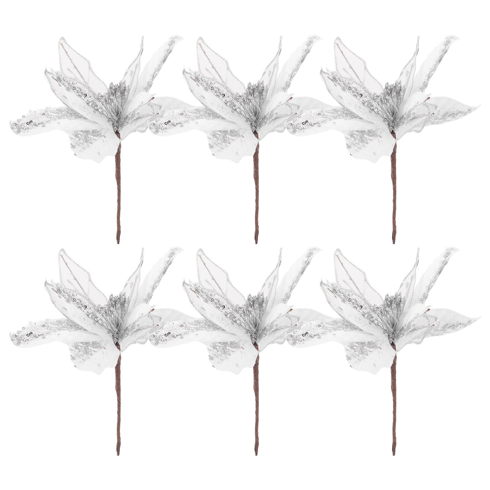 Fleurs artificielles pailletées de Noël : Ornements réalistes et couronne argentée