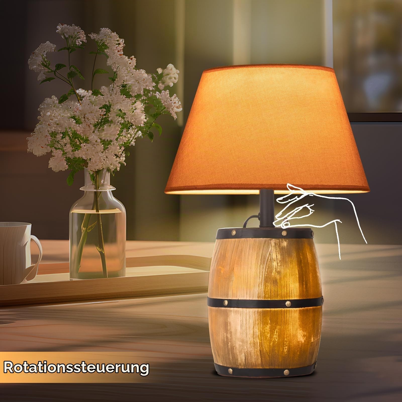 Retro Tischlampe aus Harz in Fassform mit Holzoptik, Schreibtischlampe im Landhausstil mit drei einstellbaren Lichtmodi, zwei Leuchtmittel oben und unten, geeignet für Schlafzimmer und Nachttisch