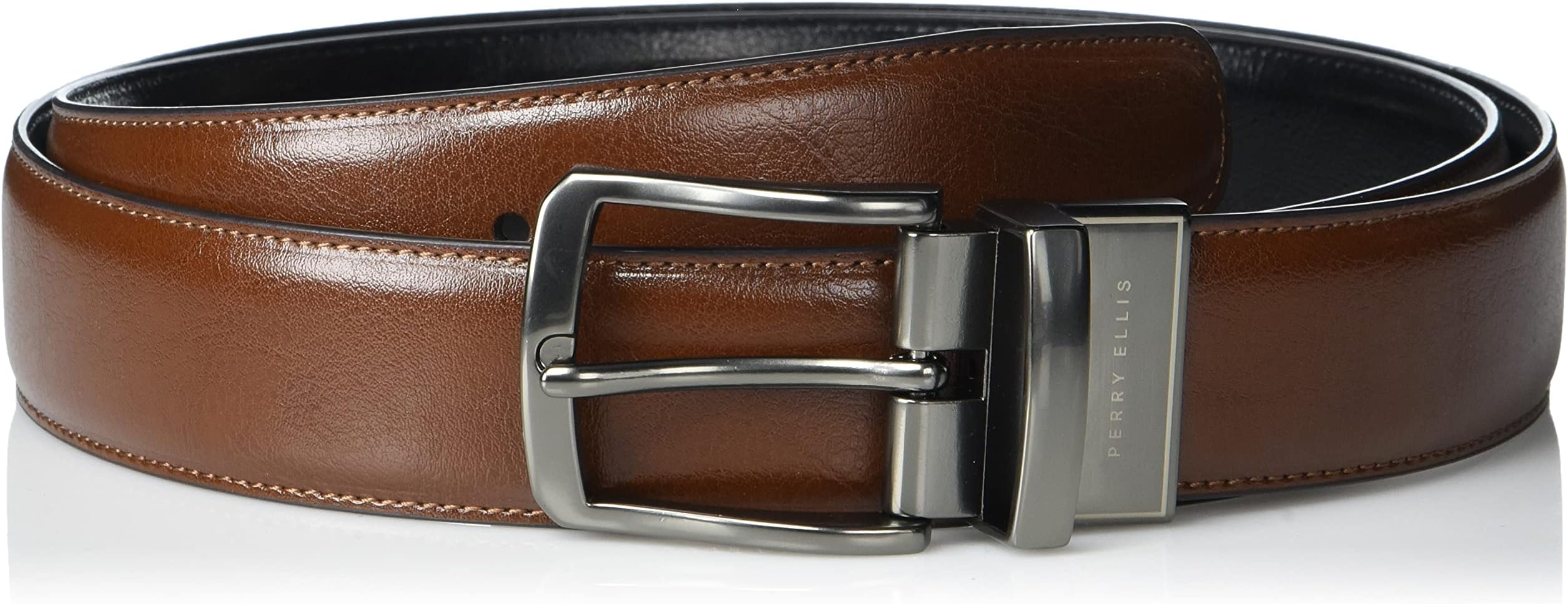 Men's Portfolio Reversible Leather Dress Belt With Heat Crease, Matte, Stitched, 1.5” Width, Silver Prong Buckle Belt (pack of 1)