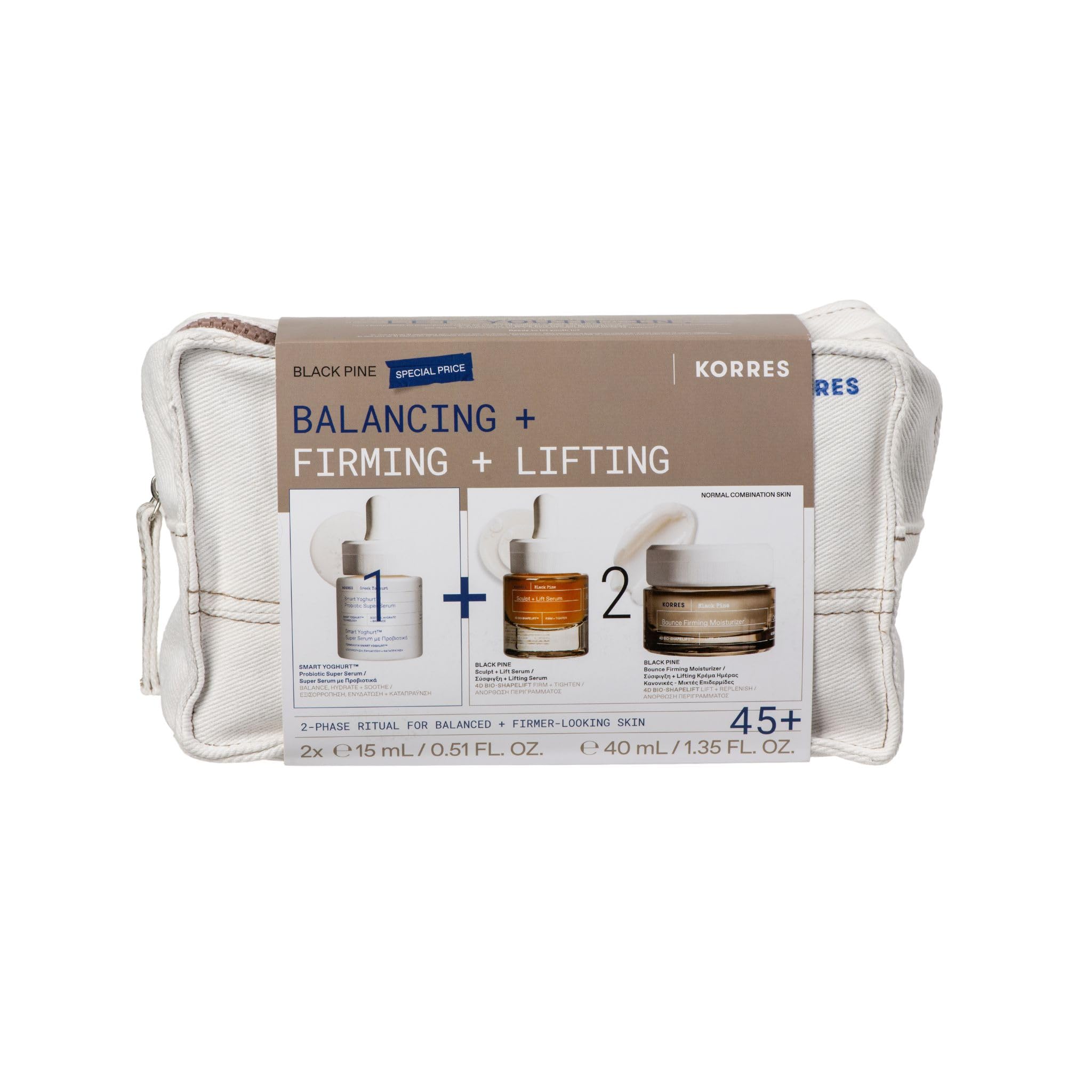 KORRES BLACK PINE Anti-Aging Pflege – Expert Trio Set, ab 45, Vorteilsset mit Creme 40ml, Serum 15ml & SMART YOGHURT™ Serum 15ml für straffere Haut, reduzierte Falten und ein glattes Hautbild