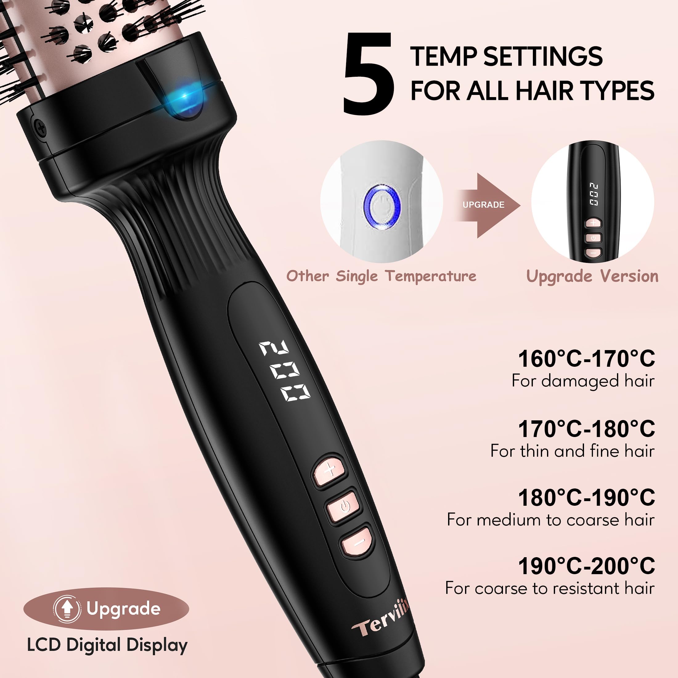 Terviiix Fer à boucler à brosse thermique, 38MM Thermal Brush, Tourmaline céramique ionique, double MCH, affichage digital 5 températures, double voltage