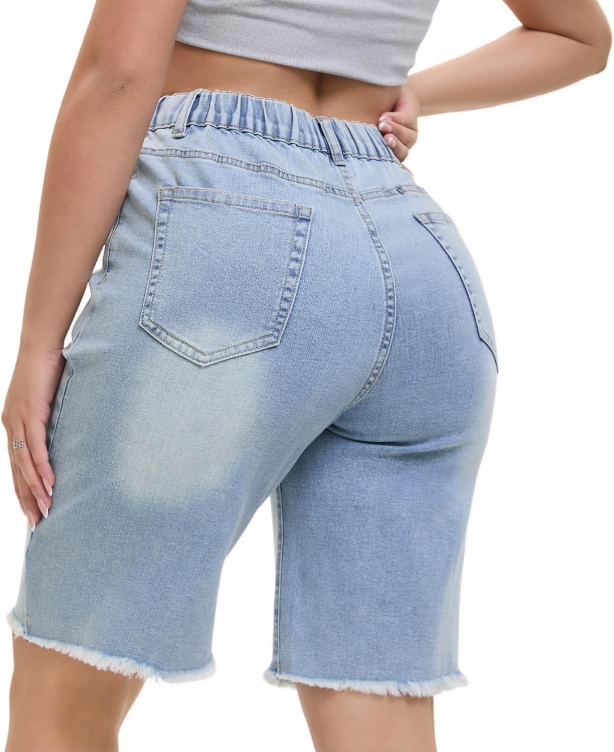 Women's Jean Shorts Bermuda Summer Demin Trendy Stretchy Ripped Raw Hem Cut Off Casual Distressed with Pockets