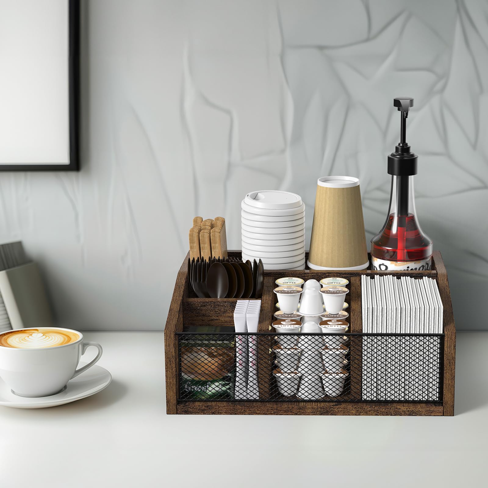 Organizador de Madera para Cafetería, Organizador de 5 Compartimentos para Accesorios de Cafetería con Divisores para Oficina - Perfecto para Servilletas, Azúcar, Suministros de Té, Cápsulas de Café