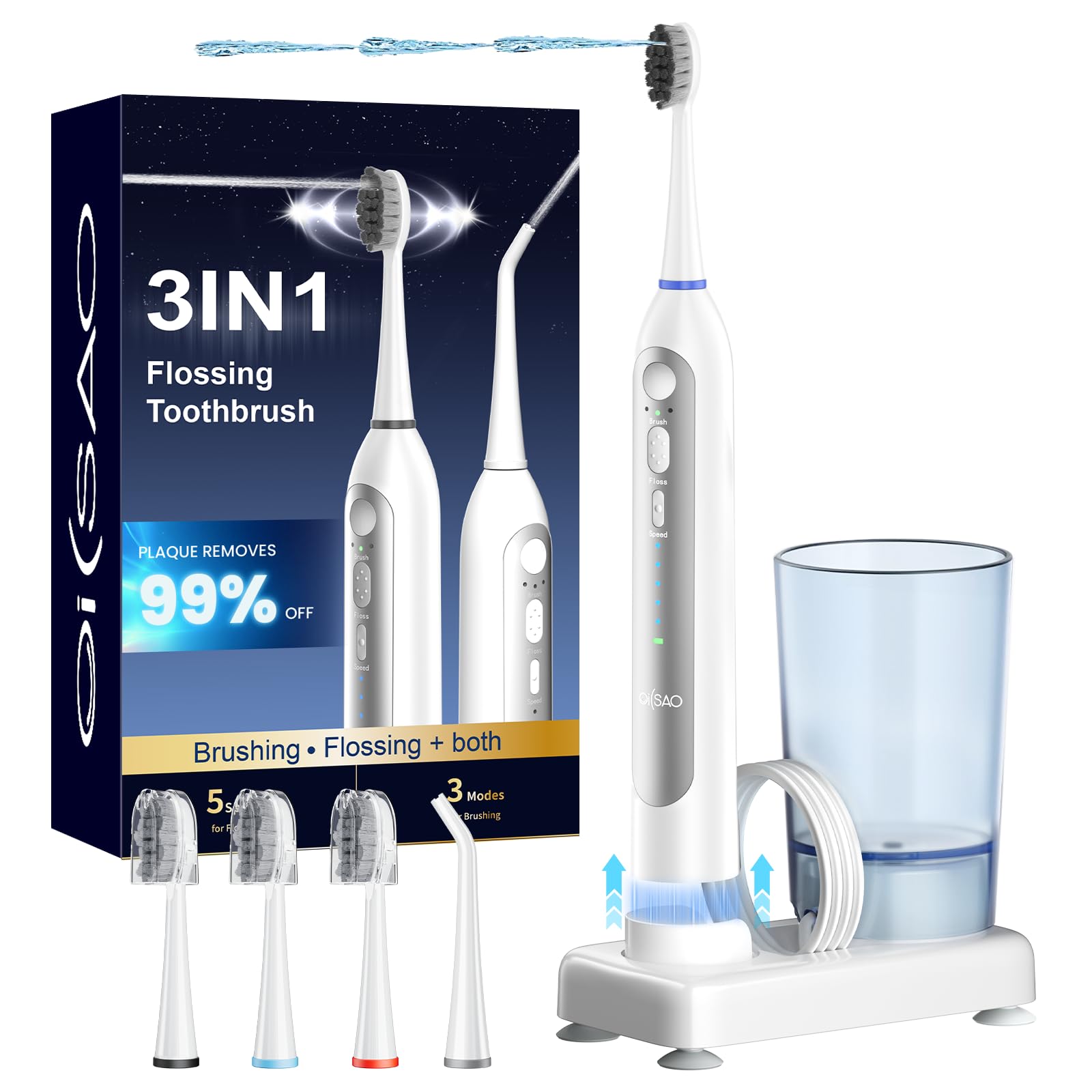 Cepillo de dientes eléctrico con hilo dental de agua, cepillo de dientes eléctrico 3 en 1 para viajes y hogar, taza fácil de limpiar, 5 velocidades y 3 modos para aparatos ortopédicos, IPX7