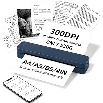 Portable Thermal Printer A4 Compatible with iOS, Android AI App, Laptop - Bluetooth Inkless Printer 300 Sheets at Full Charge - 300DPI Wireless Small Printers for Home Use, Office, Study, Travel