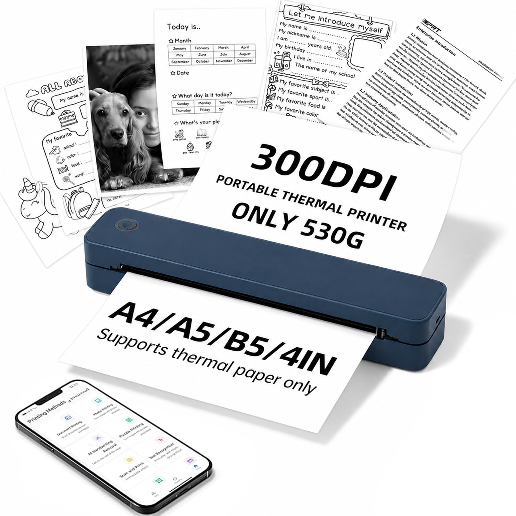 Imprimante thermique portable A4 compatible avec iOS, application Android AI, ordinateur portable – Imprimante Bluetooth sans encre 300 feuilles à pleine charge – Petites imprimantes sans fil 300 DPI