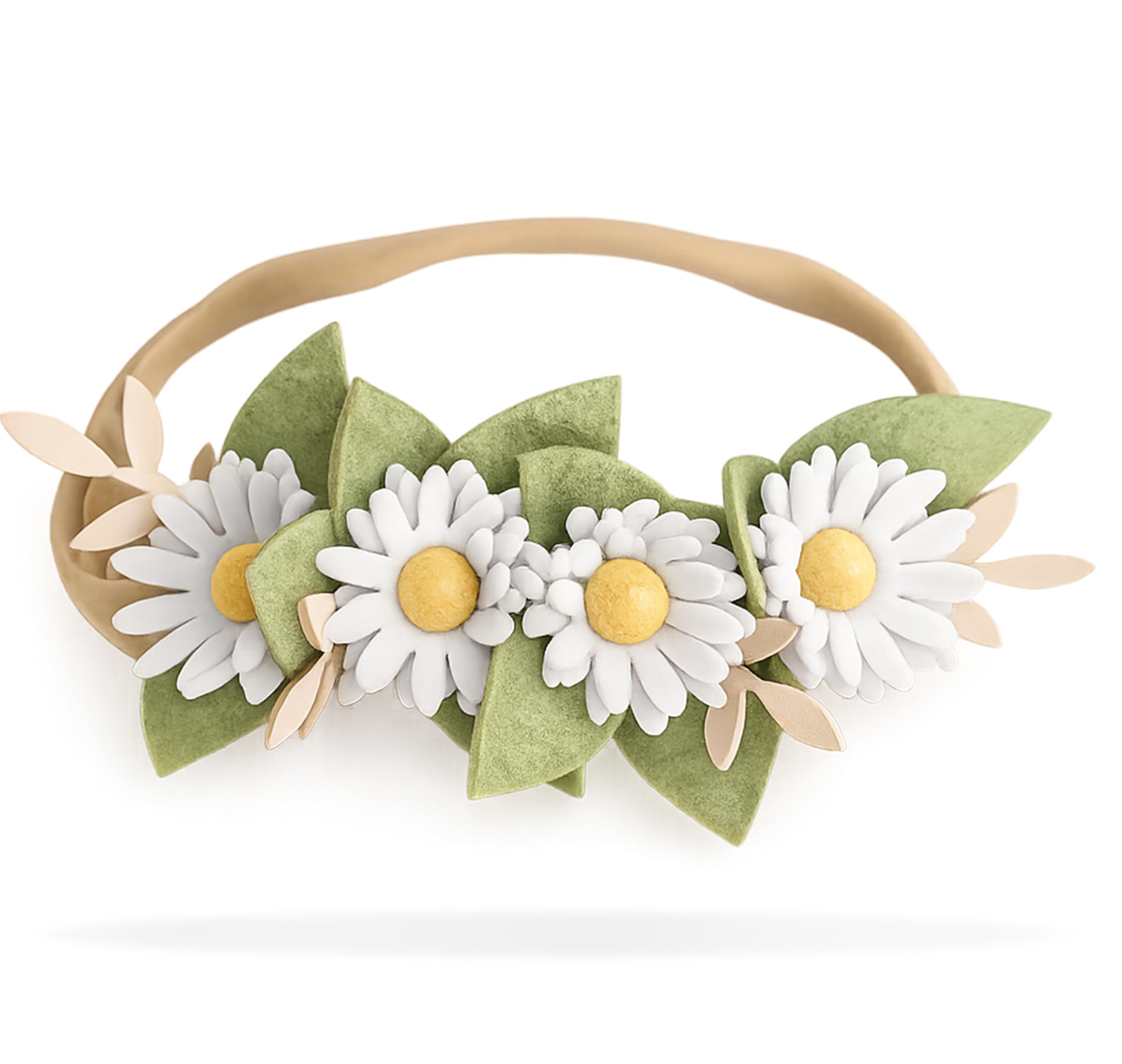 California Tot Felt Floral Daisy Crown – Soft & Stretchy Nylon Headband for Infants, Babies, Toddlers, and Girls – Wildflower Green Leaves & White