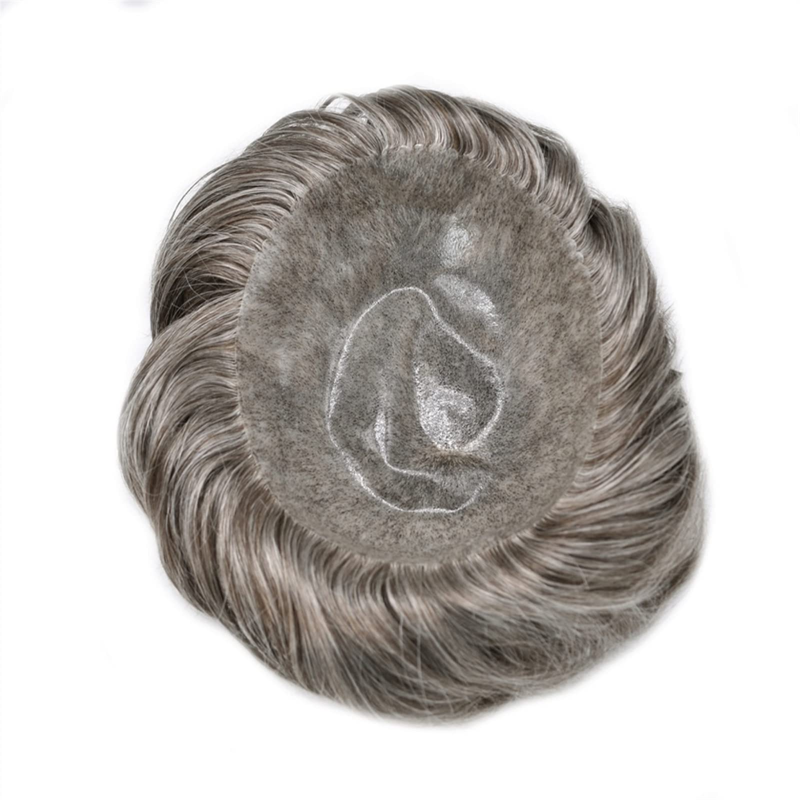 Postiche pour homme Cheveux gris indien système de cheveux humains hommes toupet postiches 0.1-0.12mm tout PU injecté peau fine naturel ondulé hommes toupet Postiche pour homme(6x9)