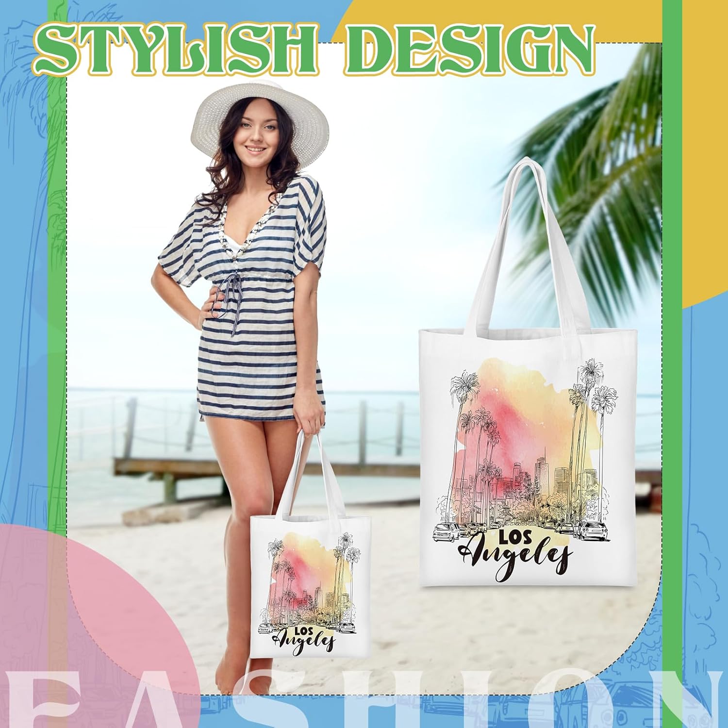 Talltalk 6 Pcs Los Angeles Canvas Tote Bag Watercolor Los Angeles City Souvenir Gift Souvenir Women Travel Gifts Grocery Shopping Bag Christmas Party Favors - Image 2