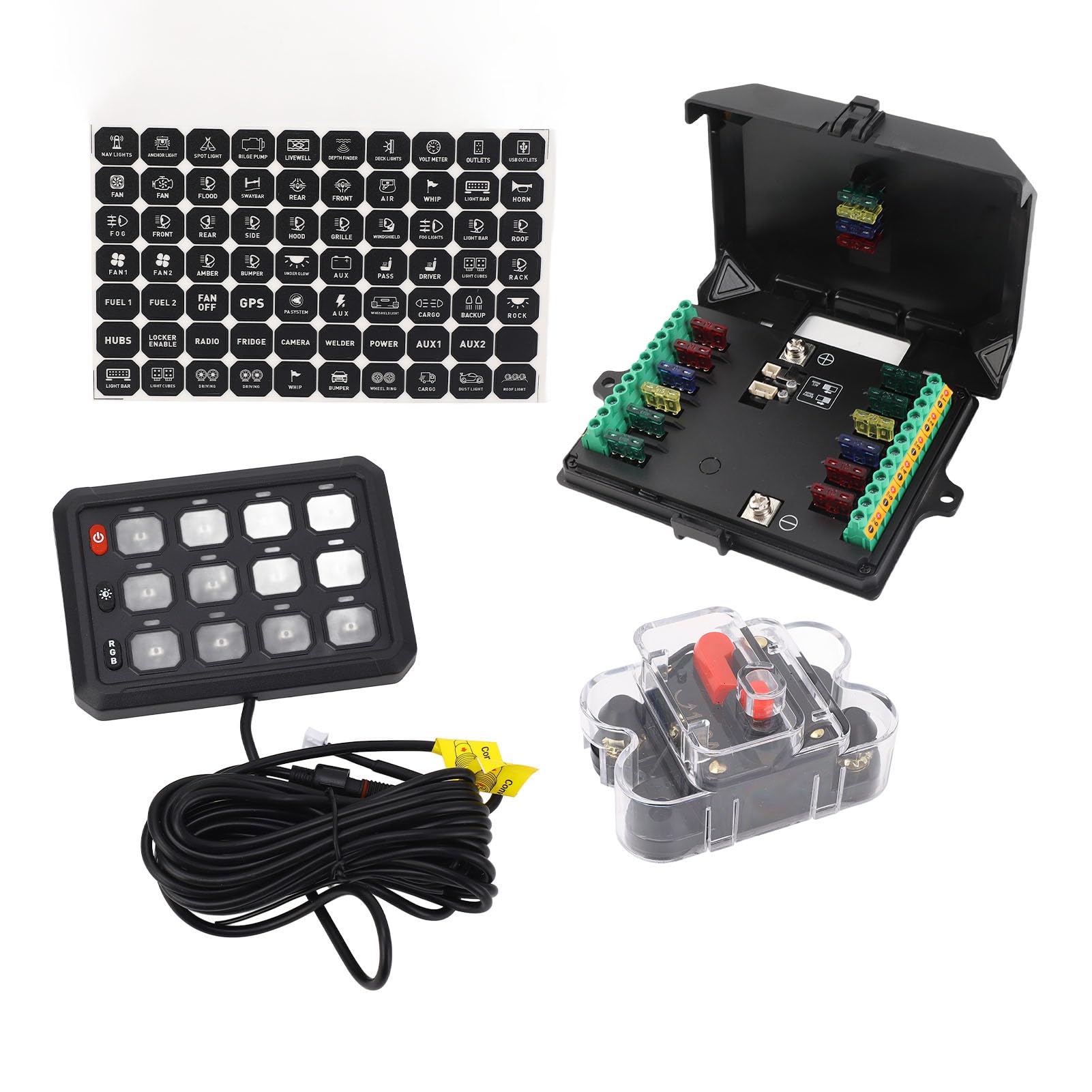 Panel Przełączników RGB 12-krotny - Aluminiowy Sterownik CNC IP65 do Ciężarówek, łodzi, SUV-ów - Uniwersalny System Sterowania Obwodami 12 V/24 V z obsługą Jednym Dotknięciem