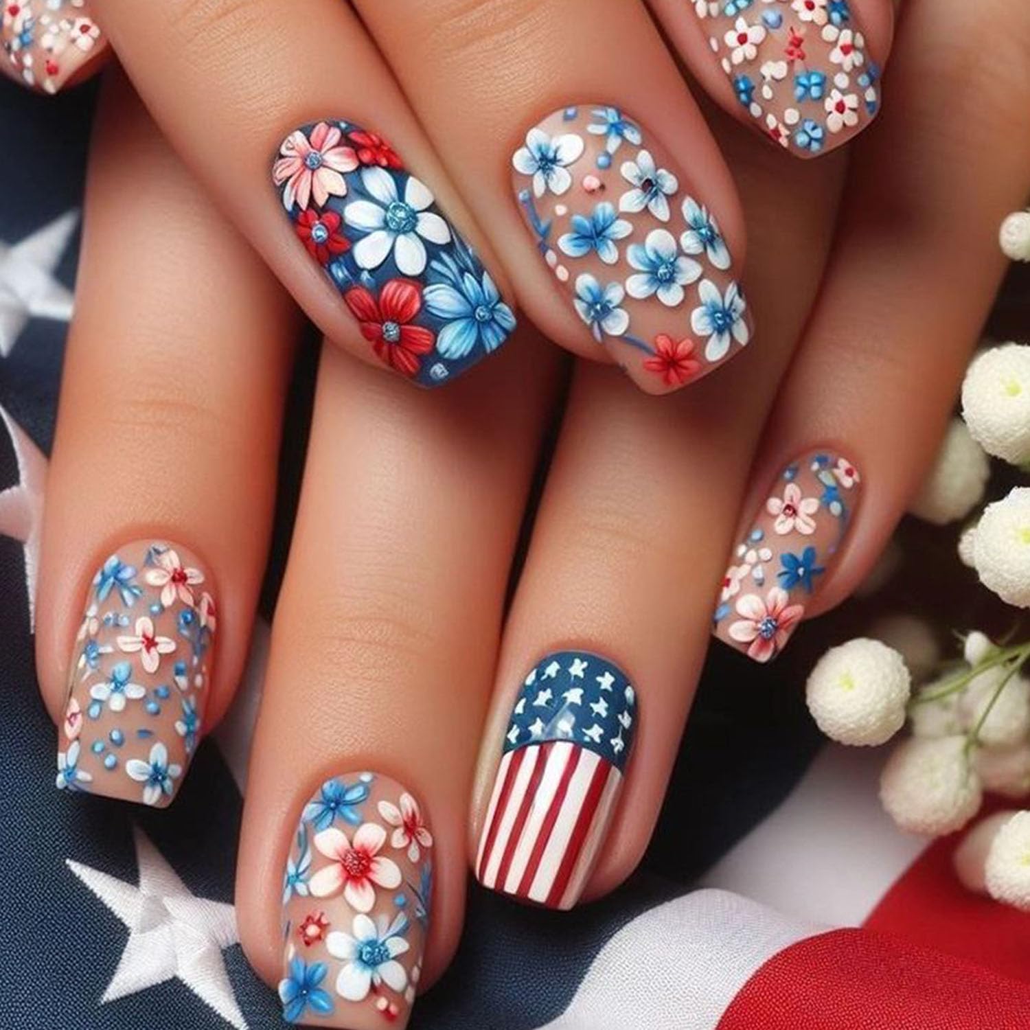 24pcs Flower Press on Nails Square Flower Stick On Nails Medium Fake Nails Design Full Cover False Nails Matte Acrylic Nails Star Stripes Nails Tips