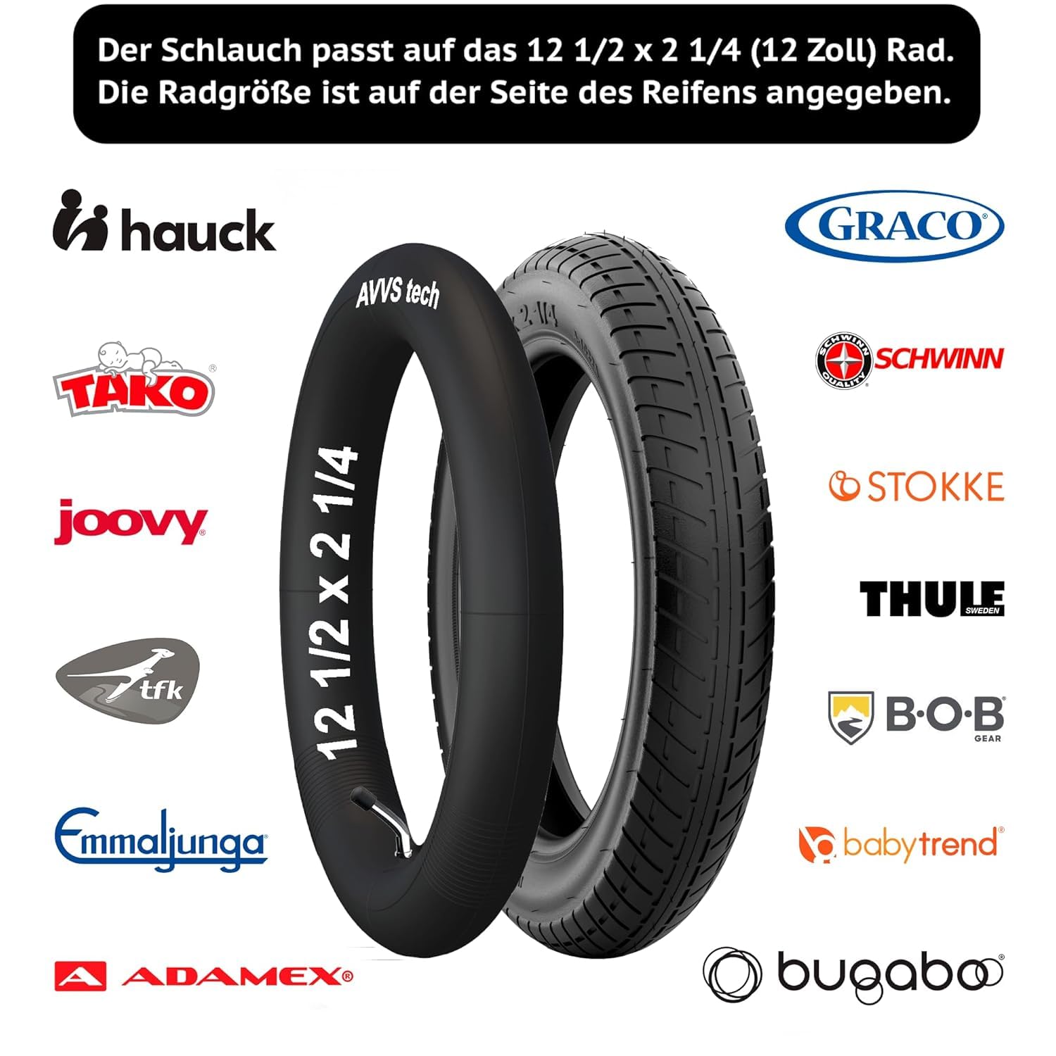 12 1/2 x 2 1/4 (57-203) Reifen & Schlauch Set mit 45° AV Edelstahl Winkelventil inkl. 2 Montierhebel – Ersatzrad für Kinderwagen, Laufrad, Kinderfahrrad & GoKart