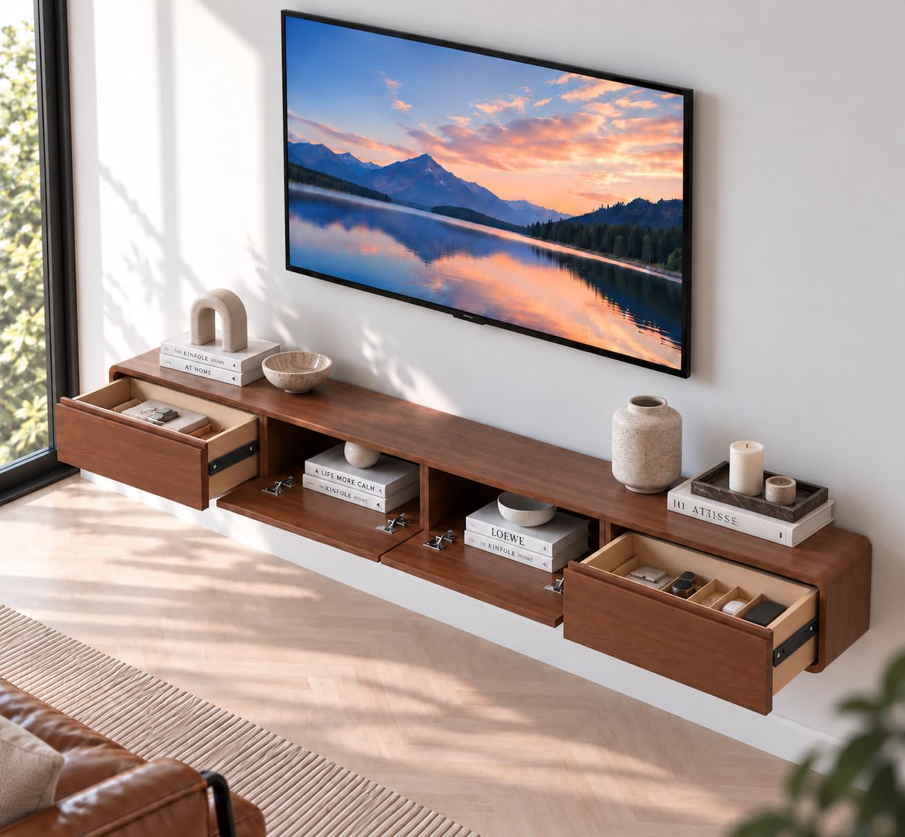 Meuble TV en Bois Massif,160–240CM Meuble TV Suspendu, Meuble Bas pour TV Mural, Adapté au Salon et à la Chambre（Noyer 200CM）