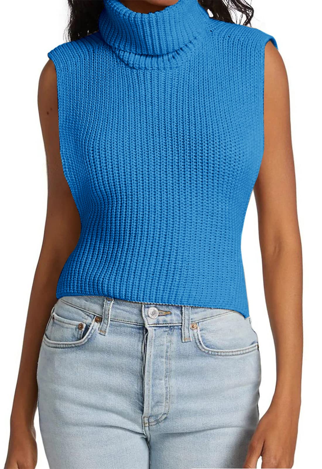Womens Sleeveless Sweater Vest Turtleneck Ribbed Knit Tank Tops Basic Slim Fit Top