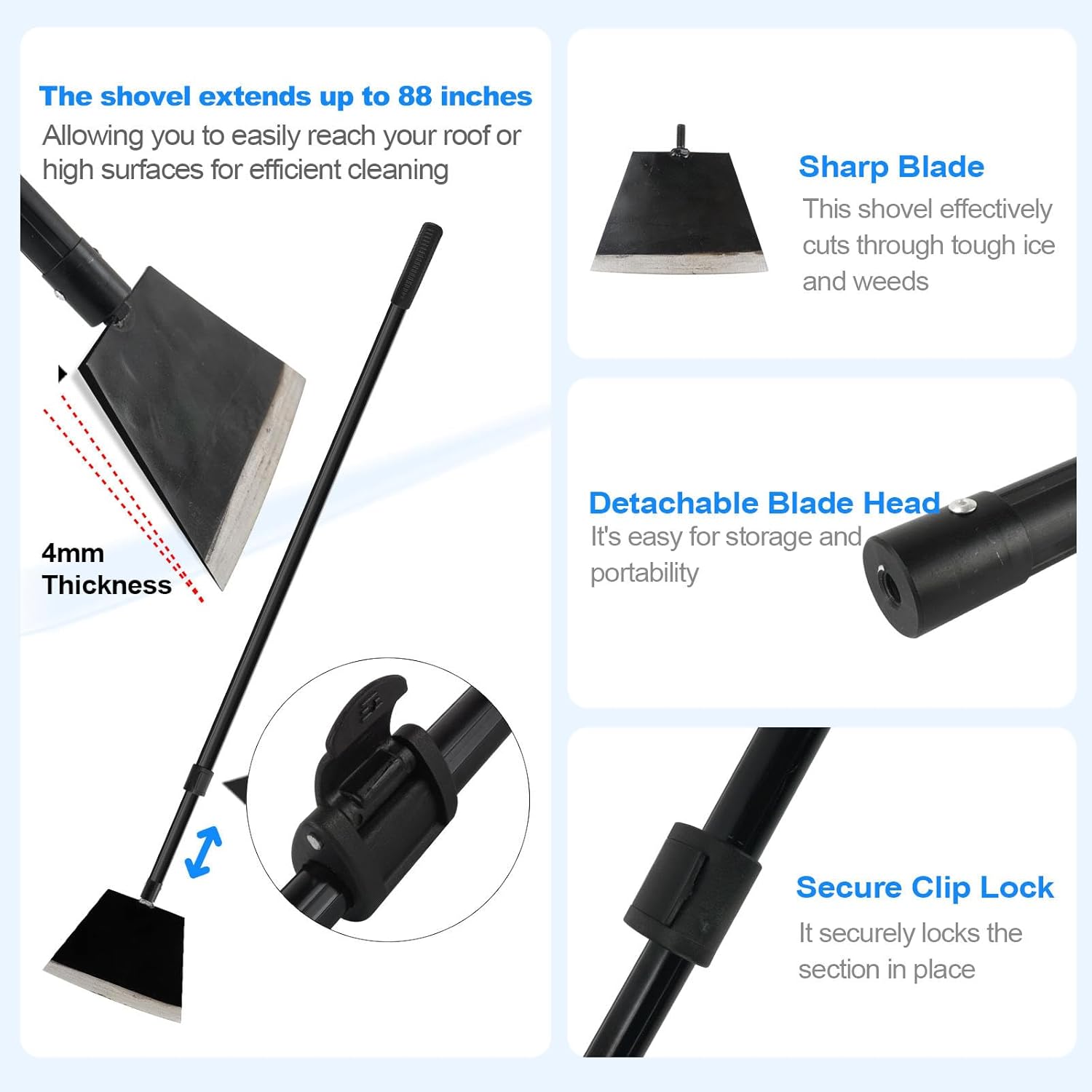 Floor Scraper, Garden Shovel Scraper, Paint Remove Tool for Ice, Tile, Tape, Glue, Ceiling, Concrete Cleaning Kit with 88inch Long Handle Heavy Duty - Metal Blade 4mm Thickness