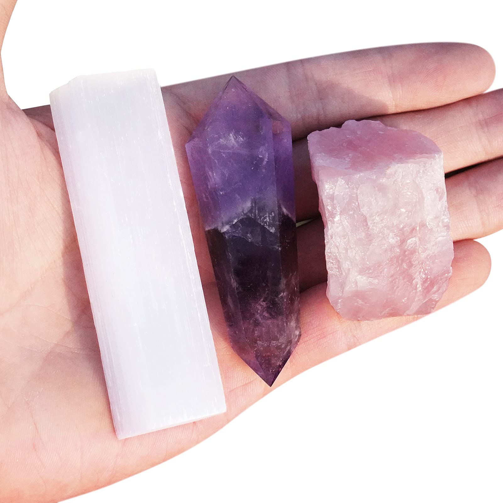 Mimosa Healing Crystal Point Double Terminated Amethyst, Raw Rose Quartz &Selenite (Medium)