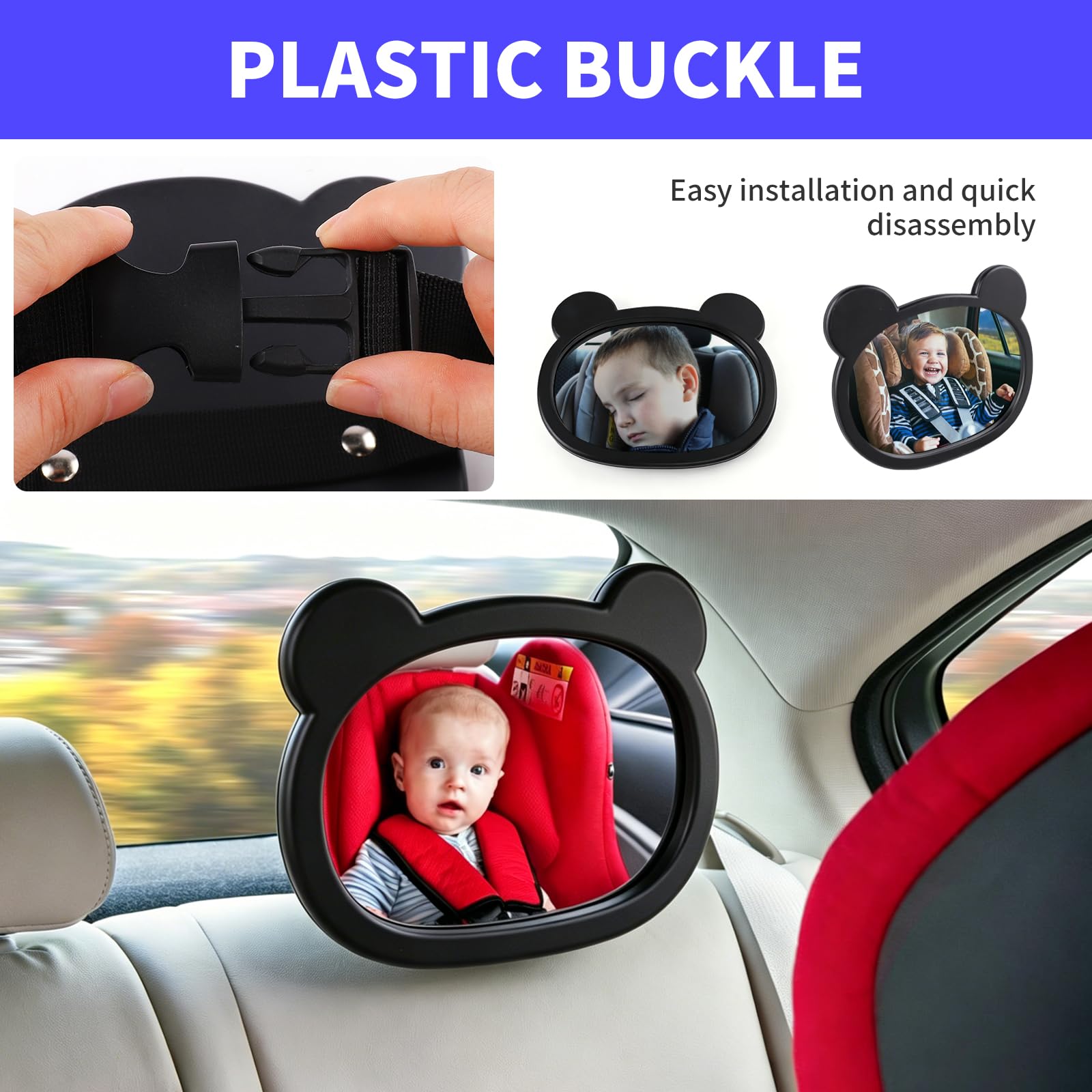 Espejo Coche Bebe, Espejo Coche Bebe Asiento Trasero, Correas Elásticas Ajustables para Silla Trasera de Bebé y Asientos de Niño