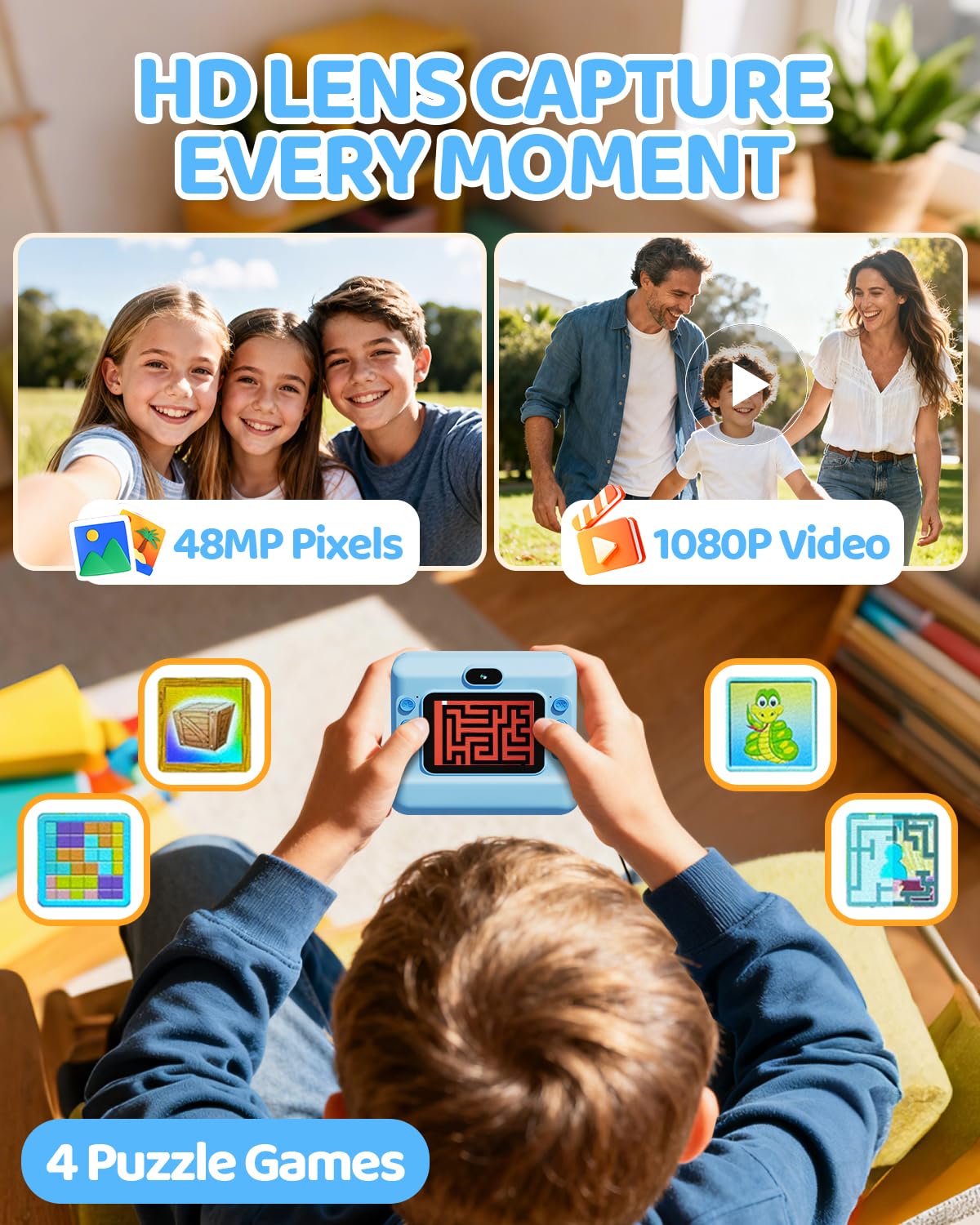 CalineGam Macchina Fotografica Bambini Istantanea, HD 1080P Macchina Fotografica Istantanea con Scheda da 32 GB e 3 Rotoli di Carta, Regalo di Natale per Ragazze Ragazzi dai 3 ai 14 Anni