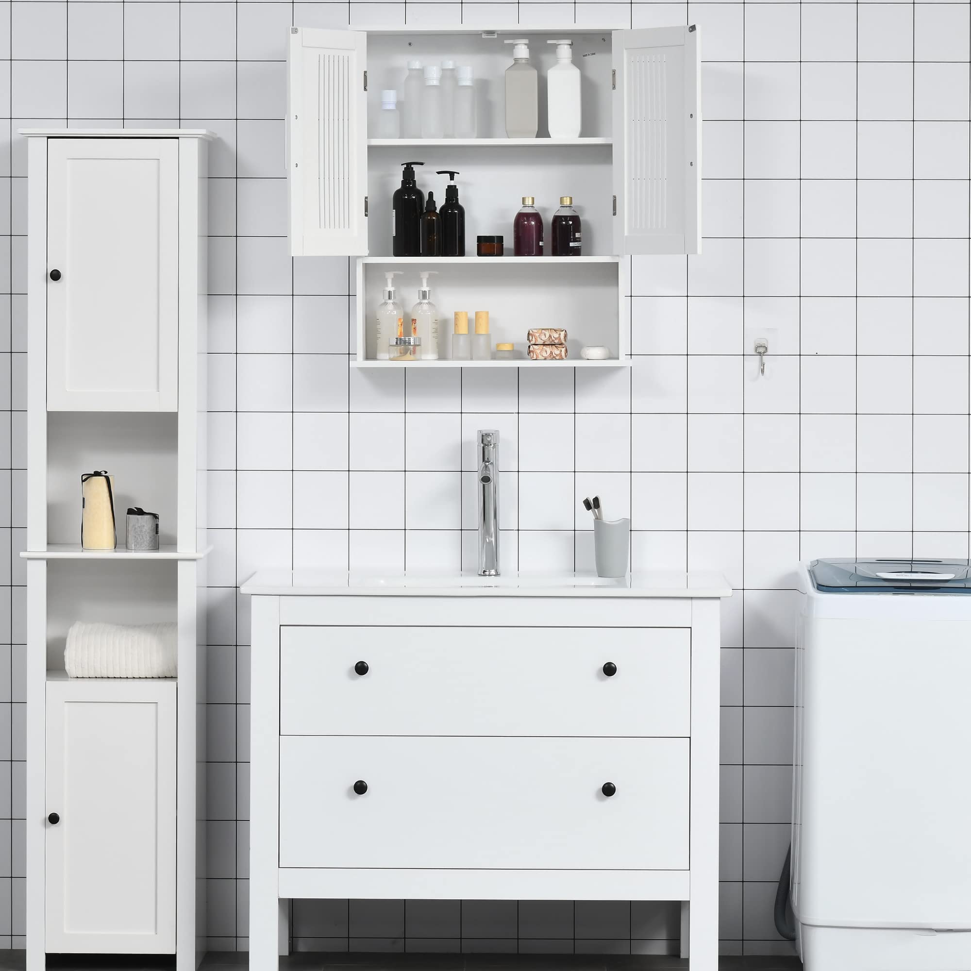 kleankin Armoire Murale, Meuble Haut Salle de Bain avec étagère réglable, Double Porte et étagère Ouverte, Meuble de Salle de Bain, Meuble de Rangement Suspendu, 60 x 20 x 70 cm, Blanc