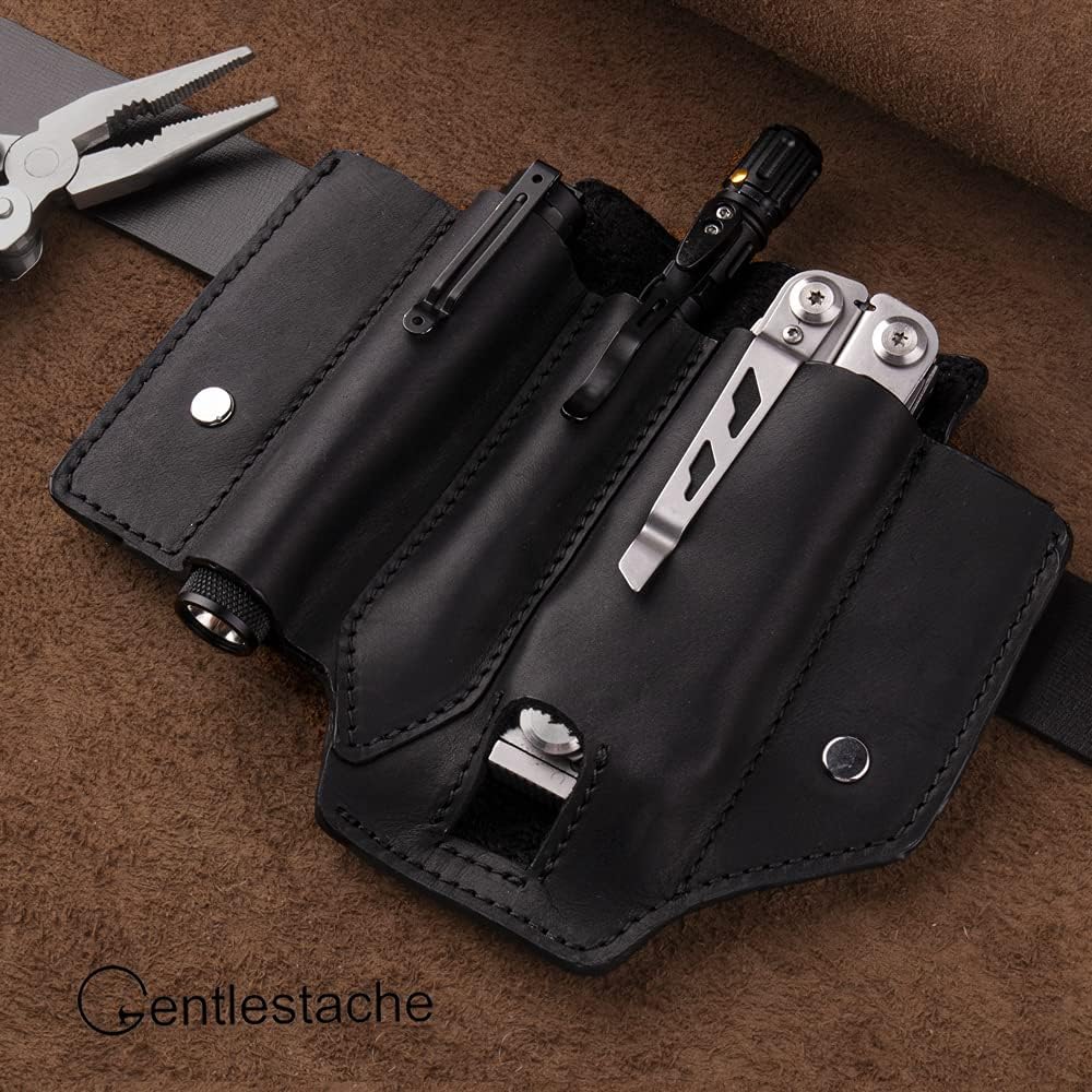 Gentlestache Leather Sheath for Leatherman Multitool Sheath EDC Pocket Organizer with Clip for Belt and Flashlight Holster Multitool with Pocket Clip Black