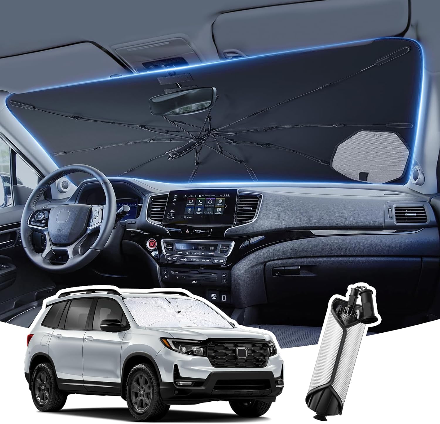 [2026 Upgrade] Windshield Sun Shade Cover for Honda Passport 2026 2025-2019 - Front Window Shades Umbrella for Windshield Sun Visor Protector, Foldable Sunshades Block UV Cooler Car Accessories